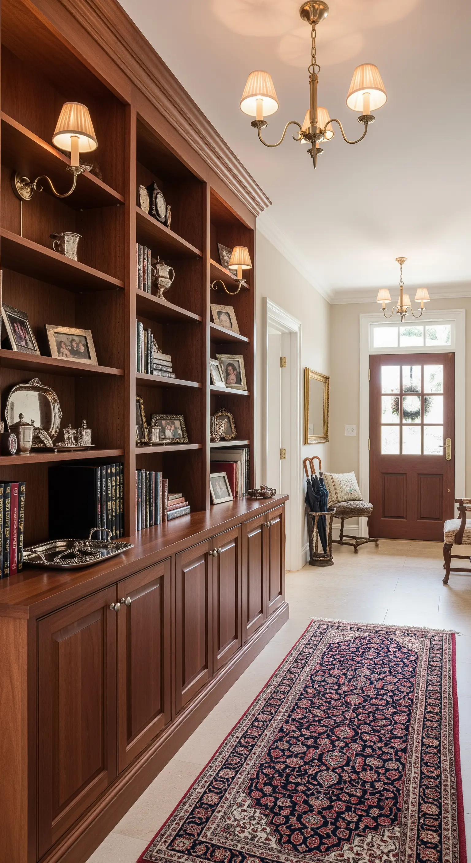 Lunga libreria classica in legno di ciliegio in un corridoio d'ingresso con tappeto persiano.