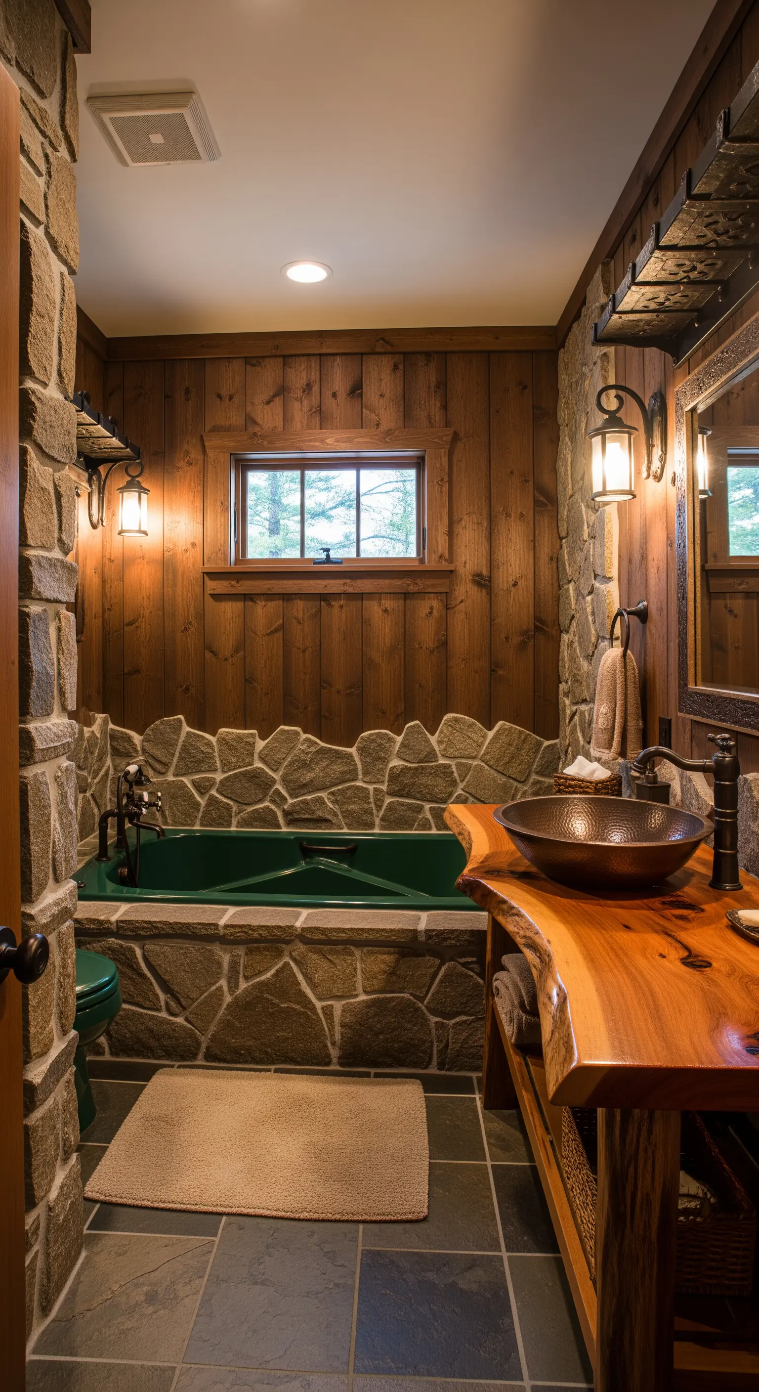 Bagno rustico con pareti in pietra, rivestimenti in legno e vasca verde.