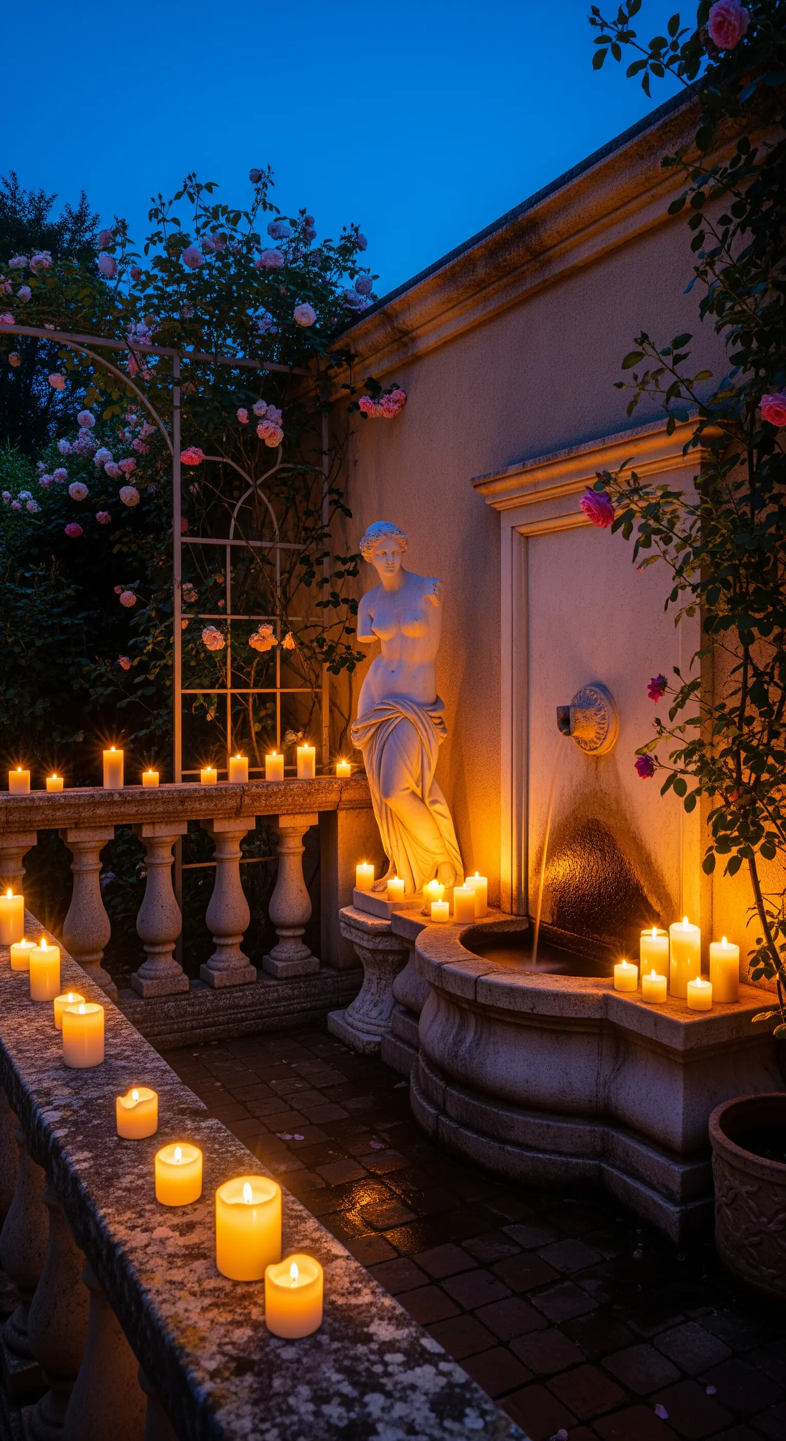 Patio in pietra con statua, fontana e rose rampicanti, illuminato da decine di candele a LED.