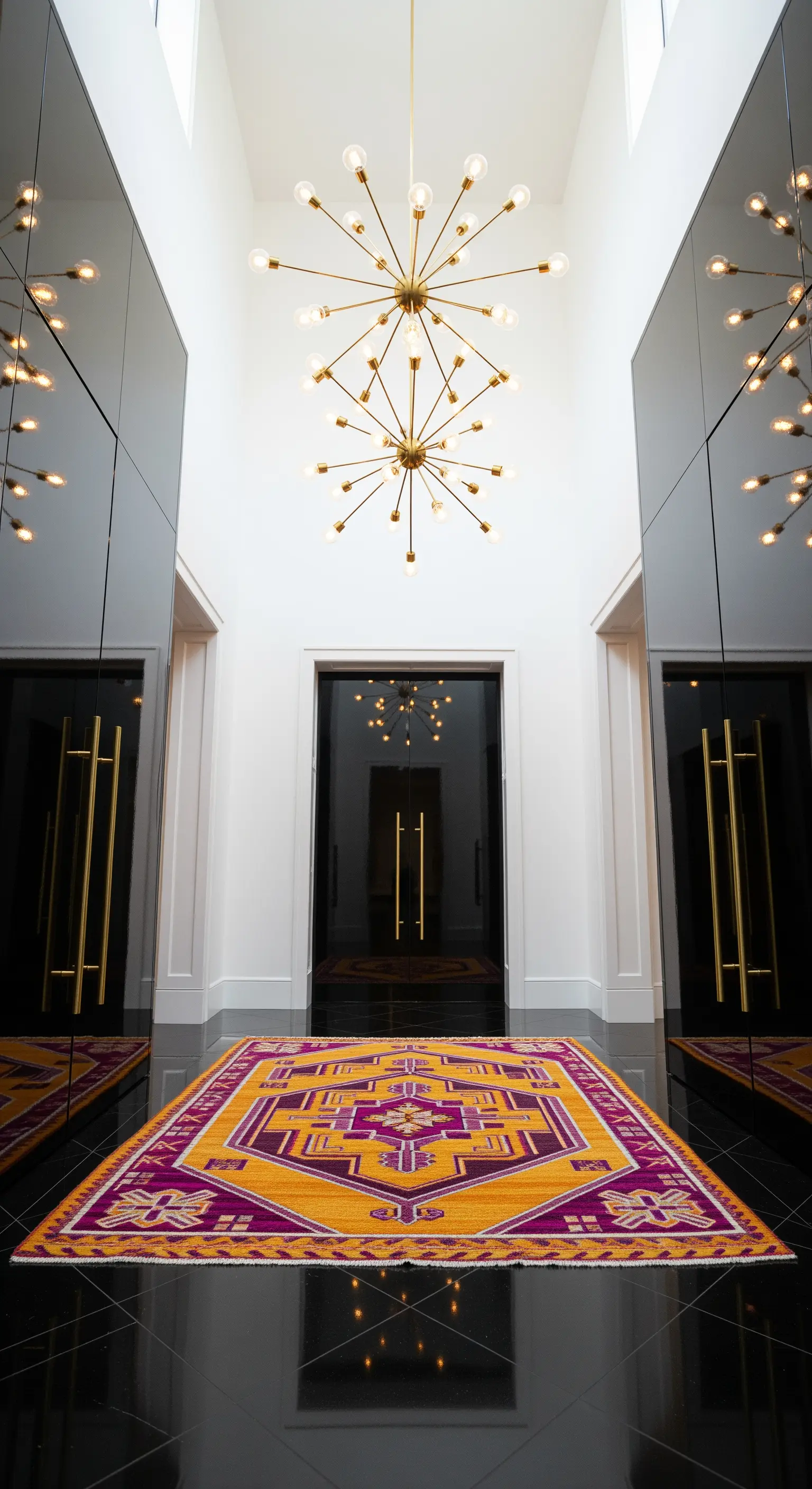 Ingresso moderno con pareti nere lucide, lampadario dorato e tappeto geometrico colorato.