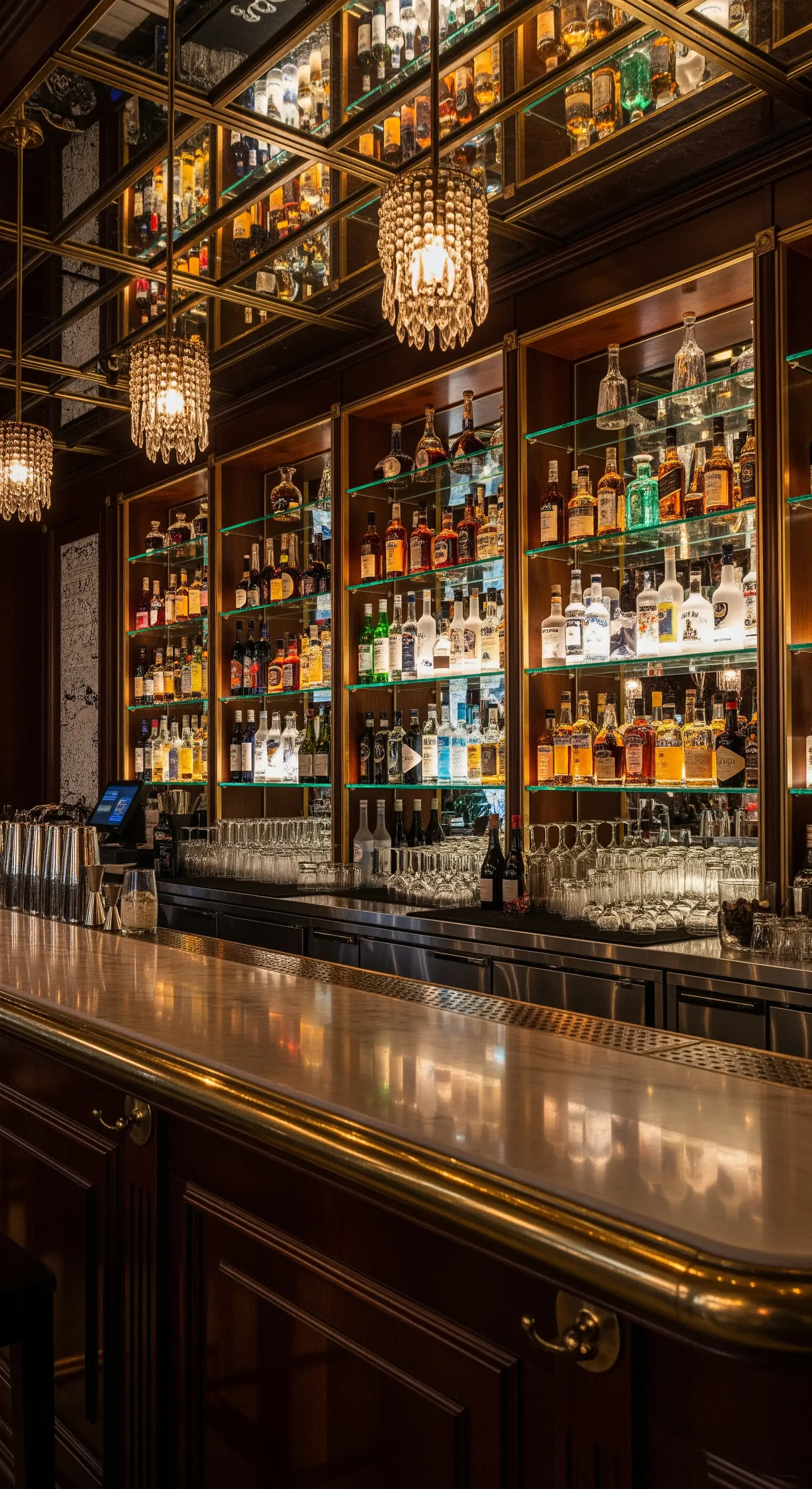 Bancone di un bar elegante con scaffalature a specchio che riflettono le bottiglie.