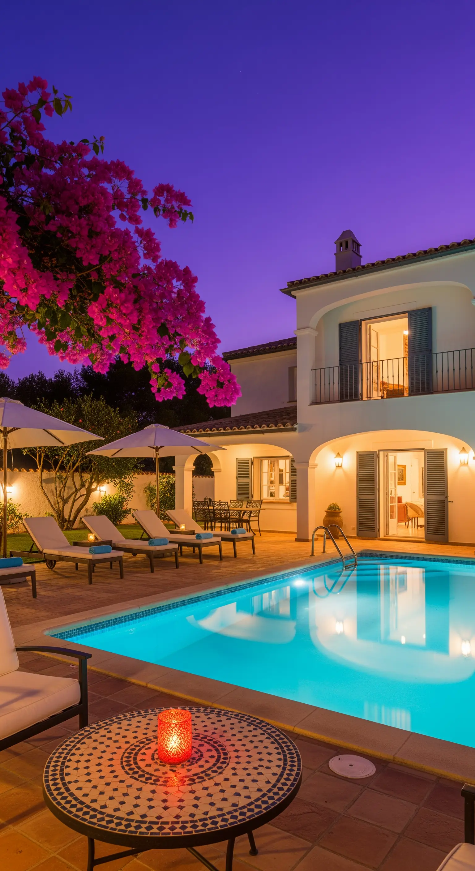 Bordo piscina di una villa con lettini, ombrelloni e un tavolino a mosaico.