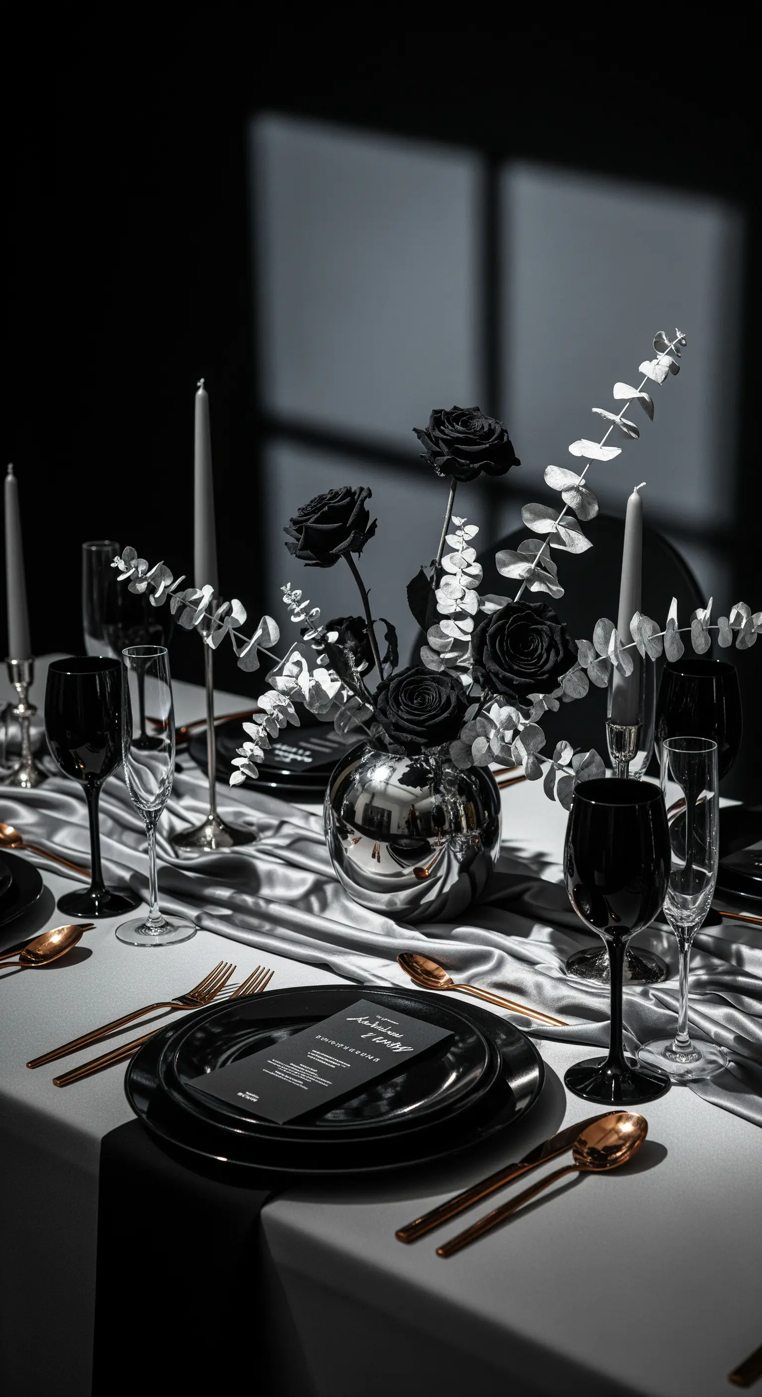 Tavola monocromatica con vaso cromato, rose nere e posate color rame.
