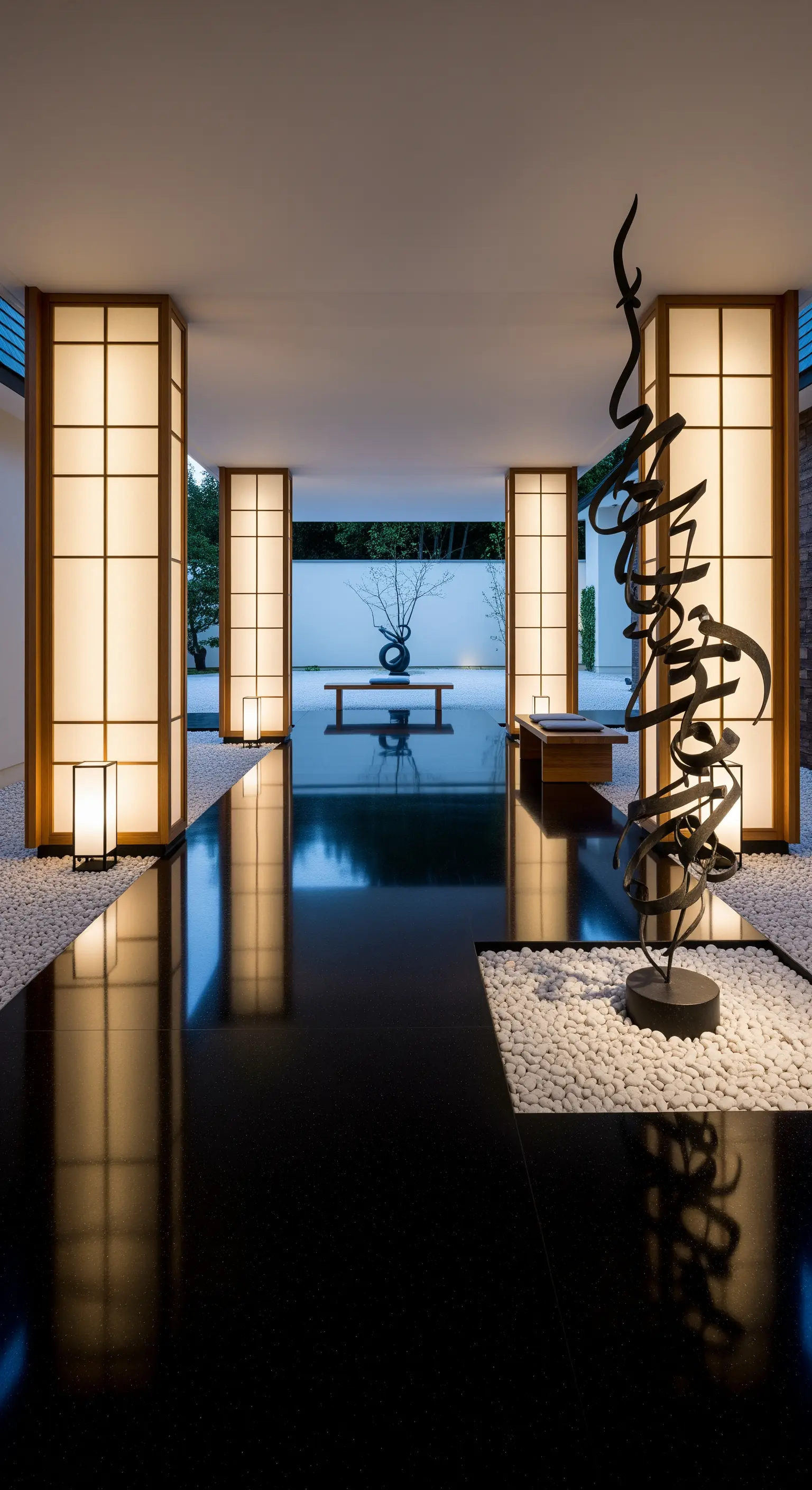 Patio in stile giapponese con pavimento nero lucido, lanterne e scultura calligrafica.