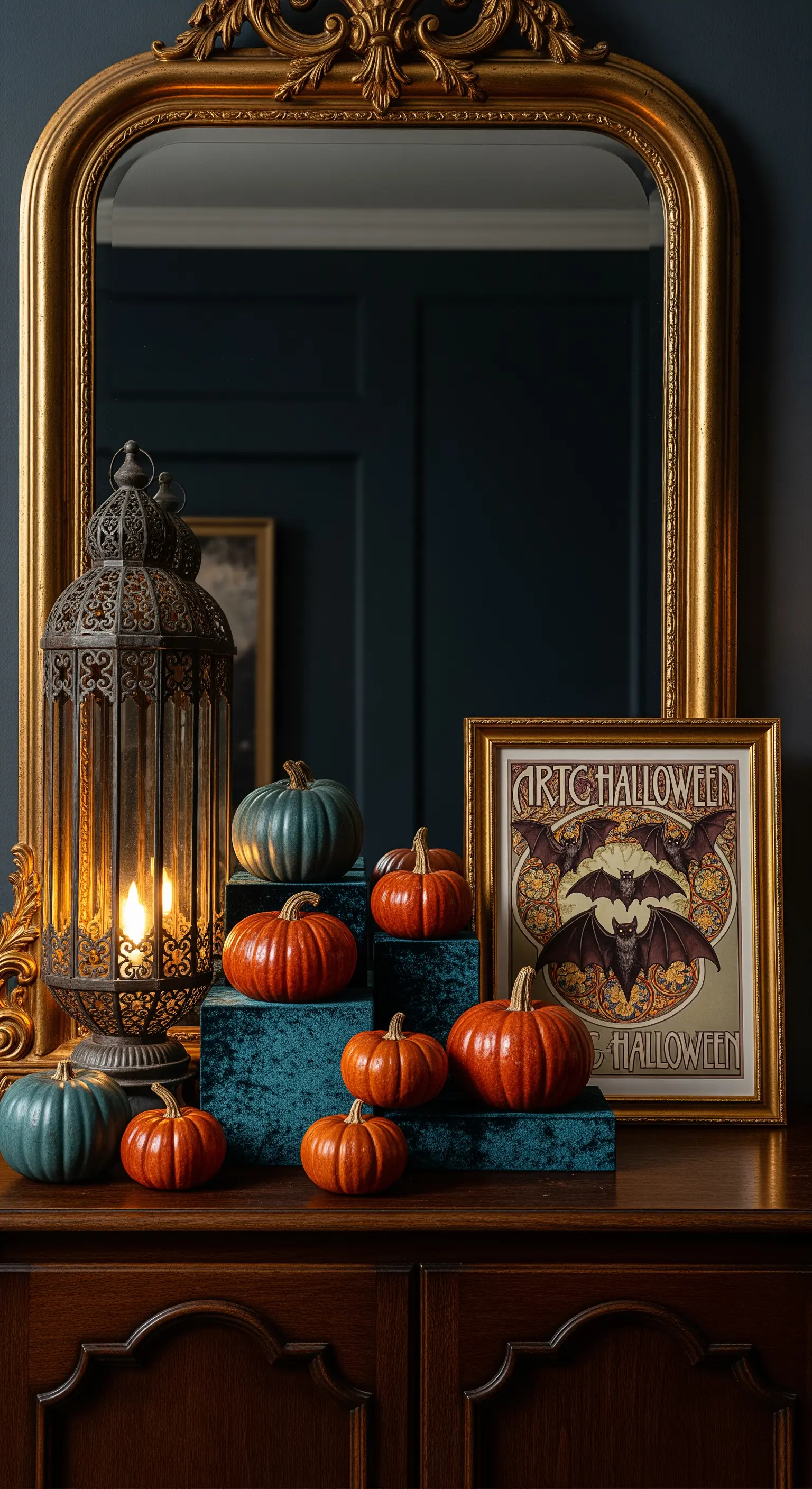 Composizione elegante con specchio dorato, zucche su espositori in velluto e lanterna marocchina.