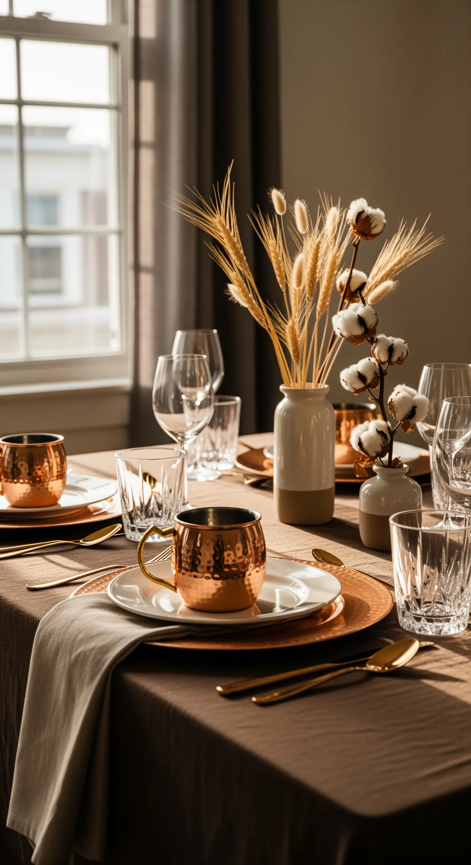 Tavola autunnale con tovaglia marrone, tazze in rame e decorazioni con fiori di cotone.