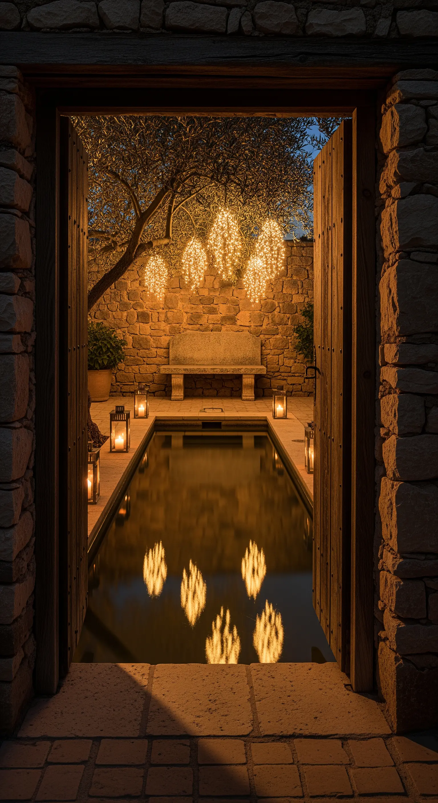 Panca in pietra davanti a una piscina rettangolare con luci sferiche sospese e lanterne.