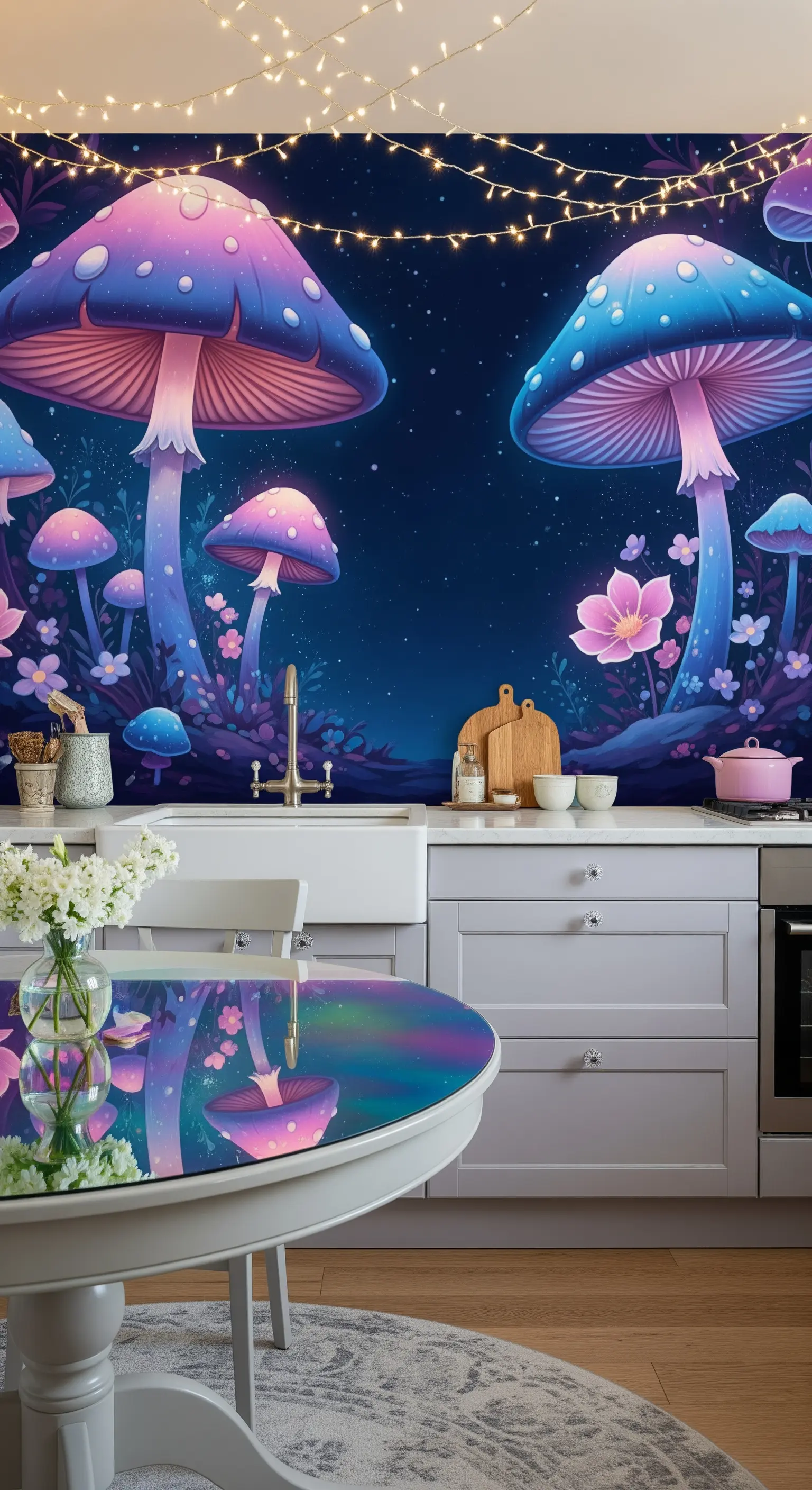Cucina con carta da parati a tema funghi luminescenti e tavolo con piano cangiante.