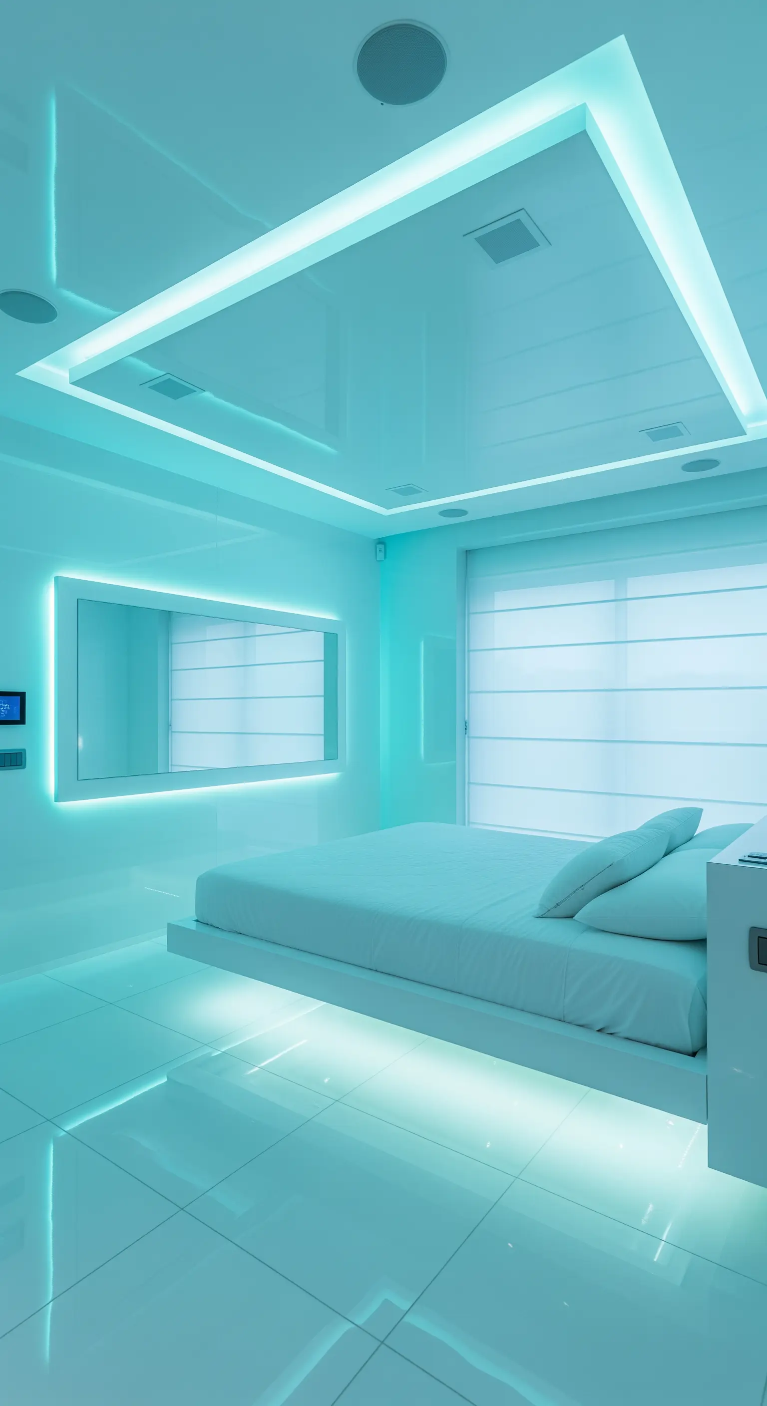 Camera da letto moderna con superfici bianche lucide e illuminazione LED color ciano.