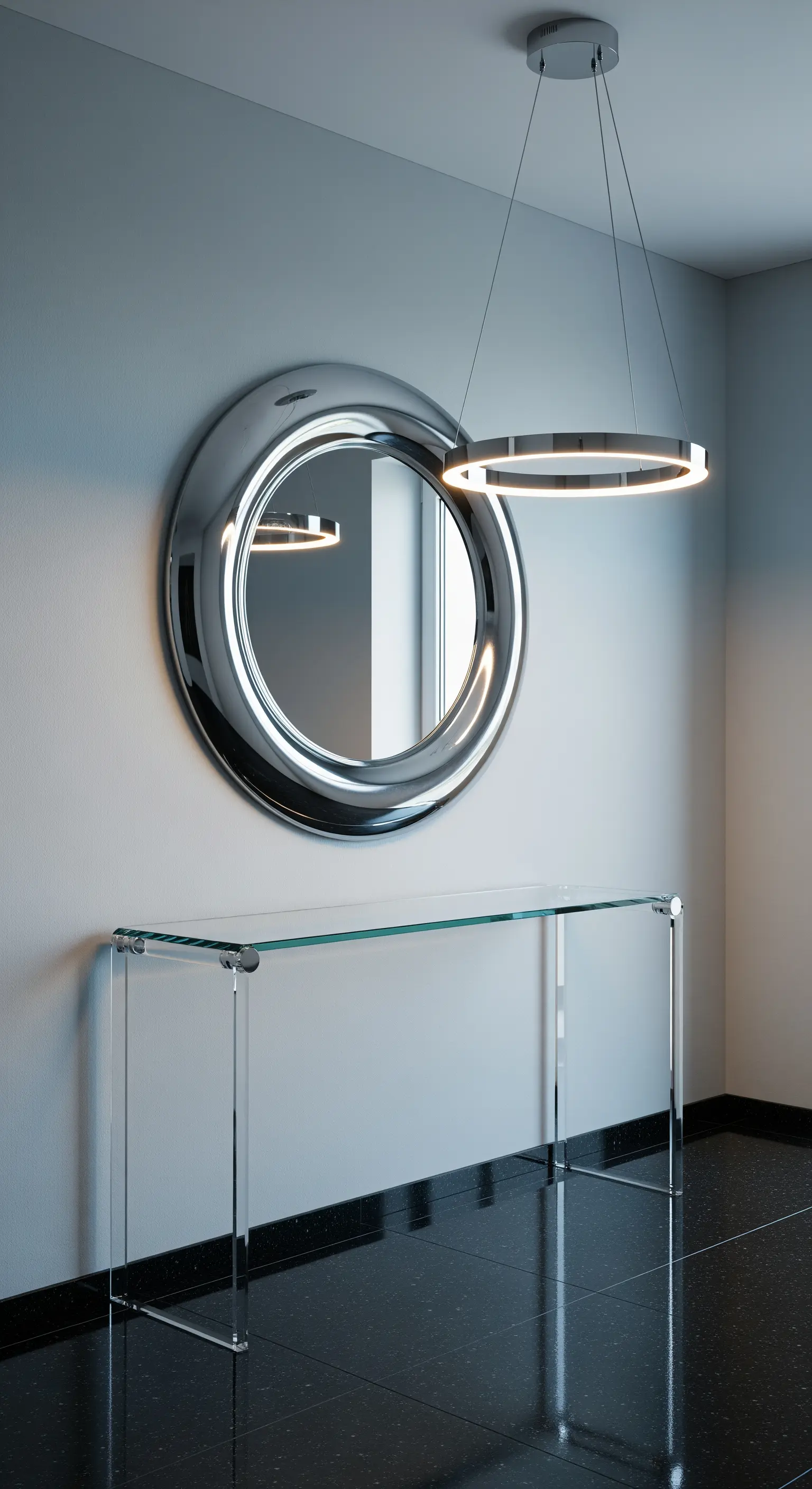 Consolle in plexiglass con specchio dalla spessa cornice cromata e lampadario a LED circolare.