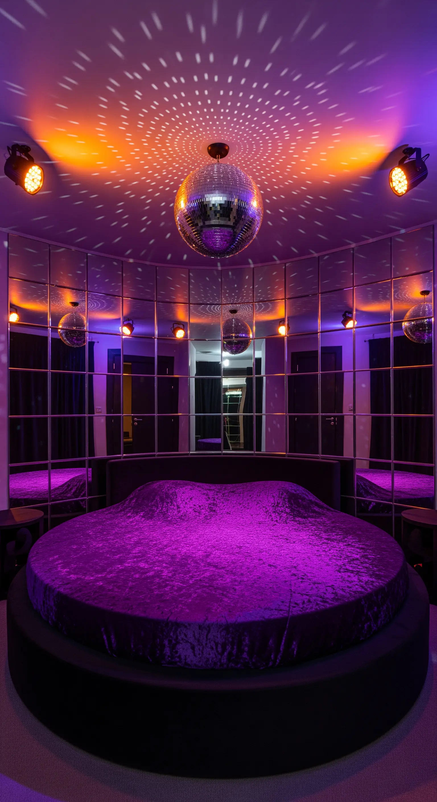Letto rotondo in una stanza con pareti a specchio e una palla da discoteca sul soffitto.