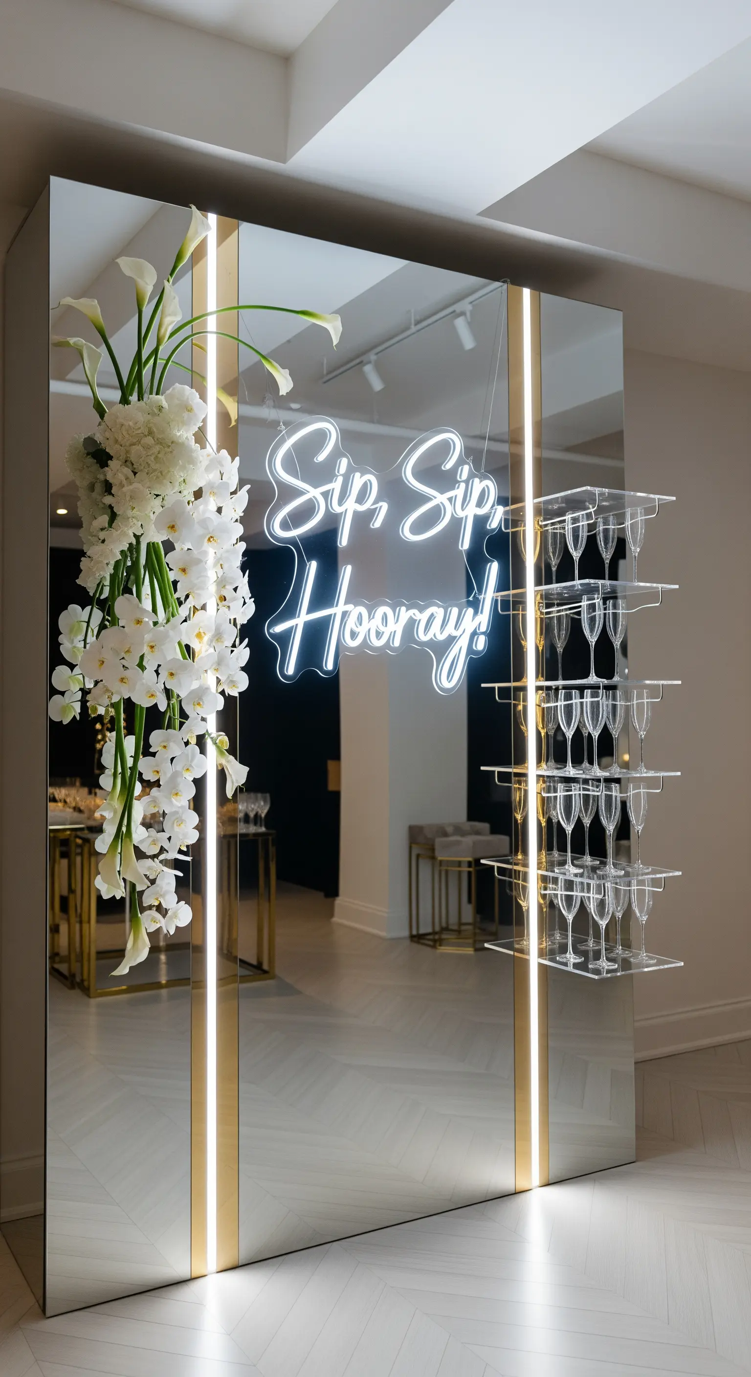 Parete di specchi con scritta al neon 