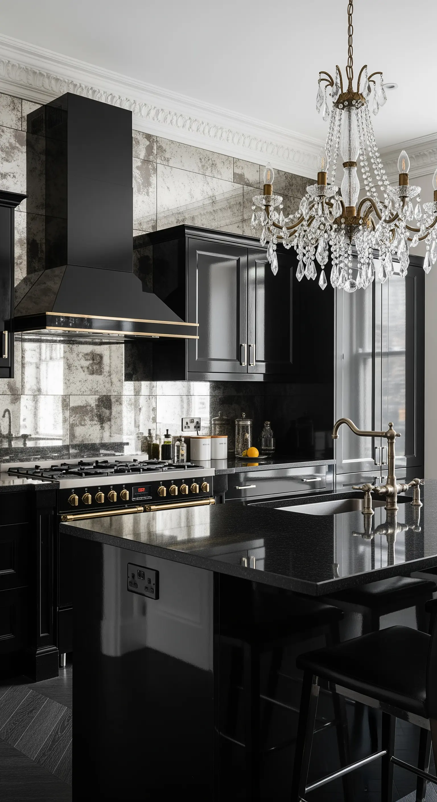 Cucina total black laccata con paraschizzi in specchio anticato e un grande lampadario di cristallo.