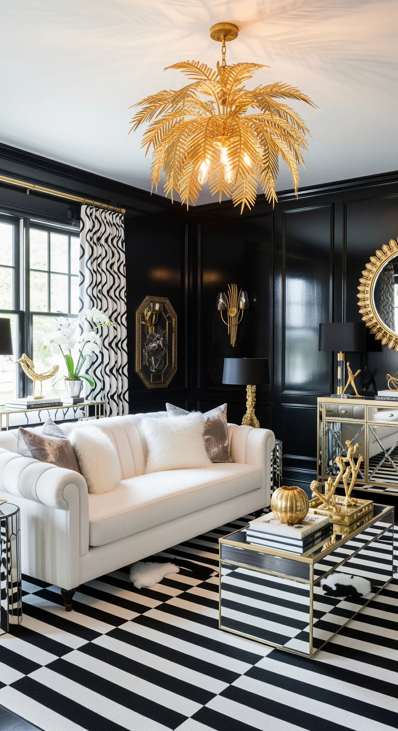 Soggiorno Hollywood Regency con pareti nere lucide e lampadario a forma di palma dorata.