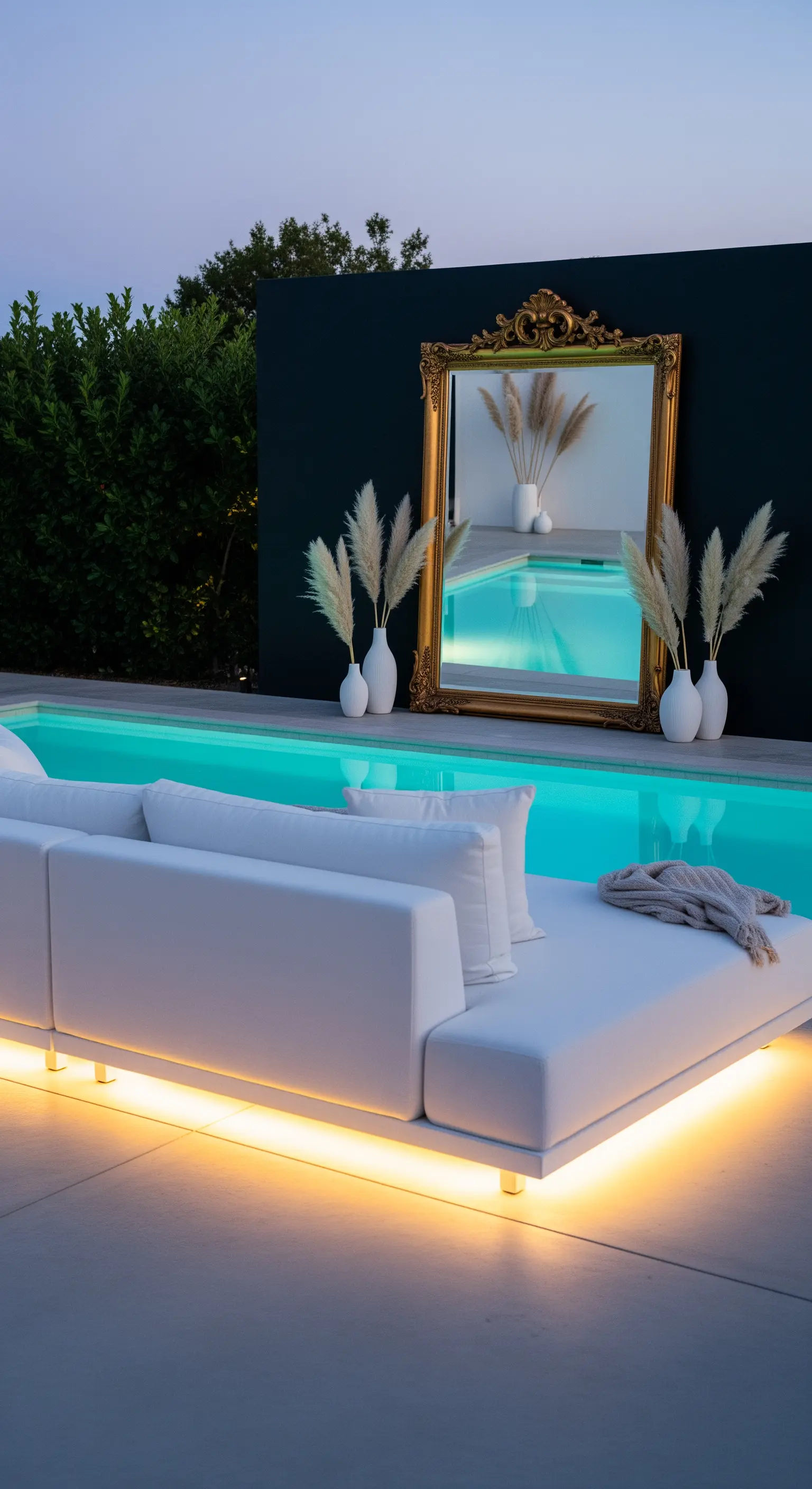 Divano lounge bianco con luce LED integrata, accanto a una piscina con specchio dorato barocco.