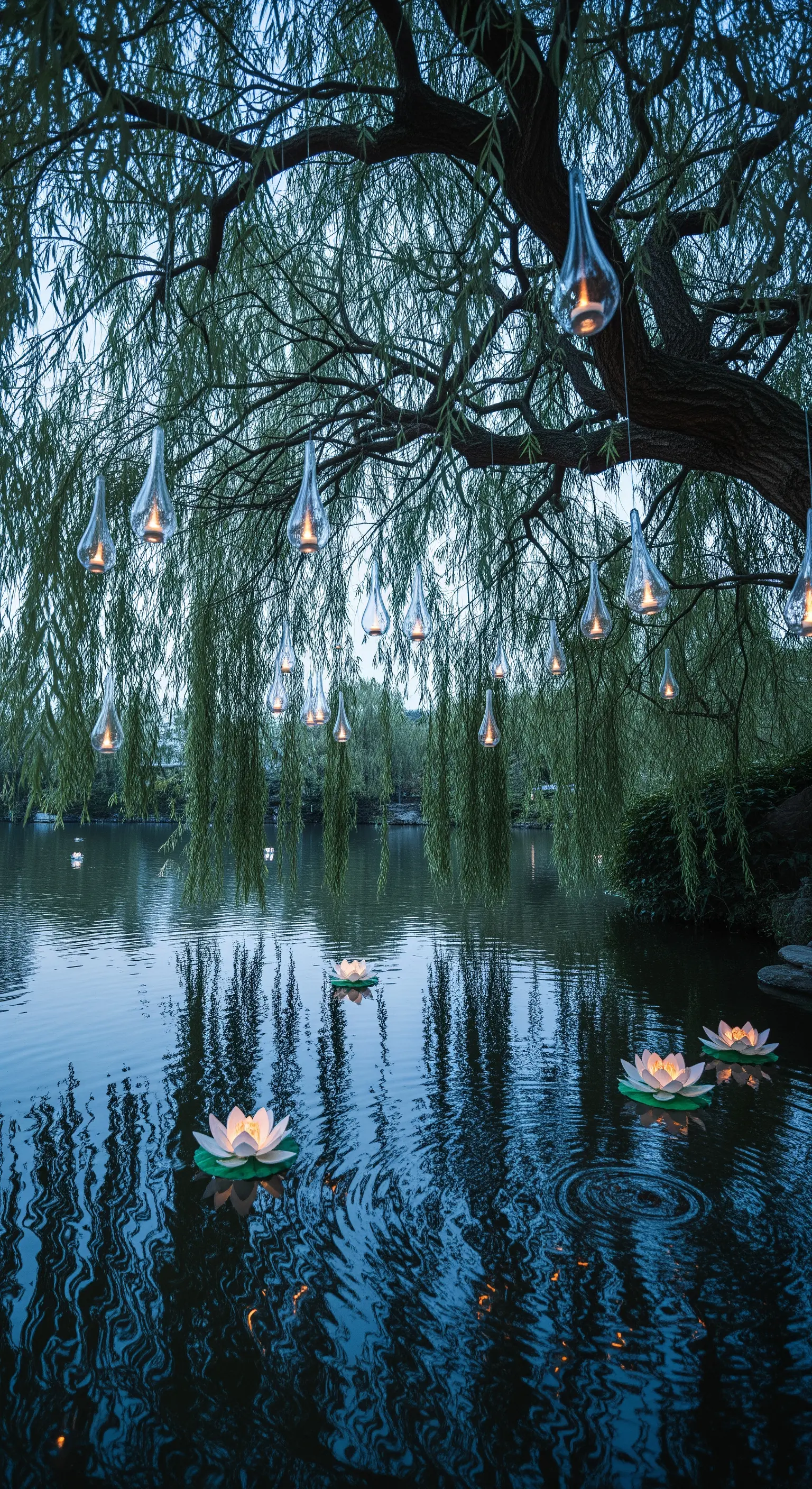 Lanterne a goccia pendono da un salice piangente su un laghetto con fiori di loto luminosi.