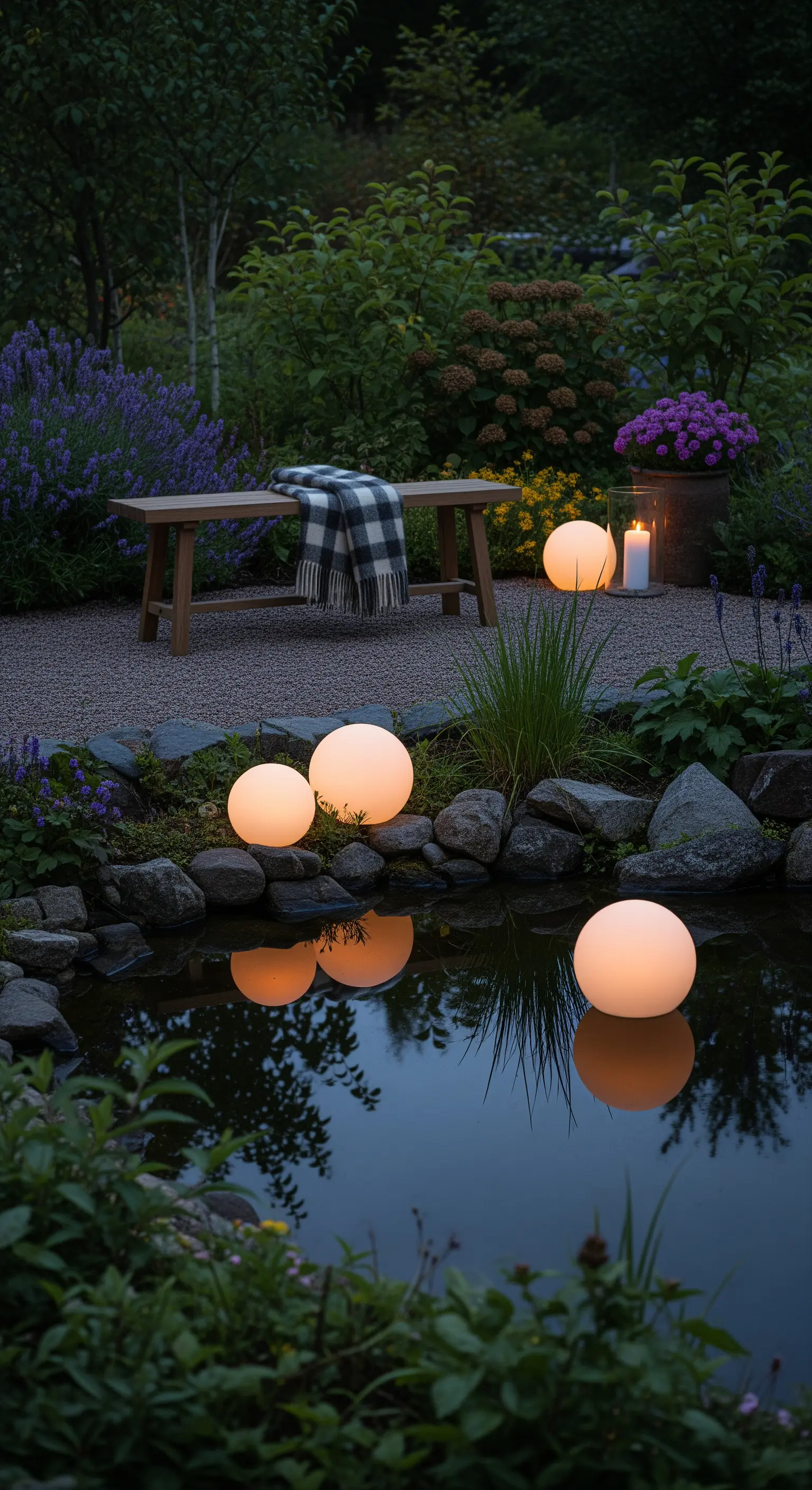Piccolo stagno da giardino con sfere luminose galleggianti e posizionate tra le rocce.