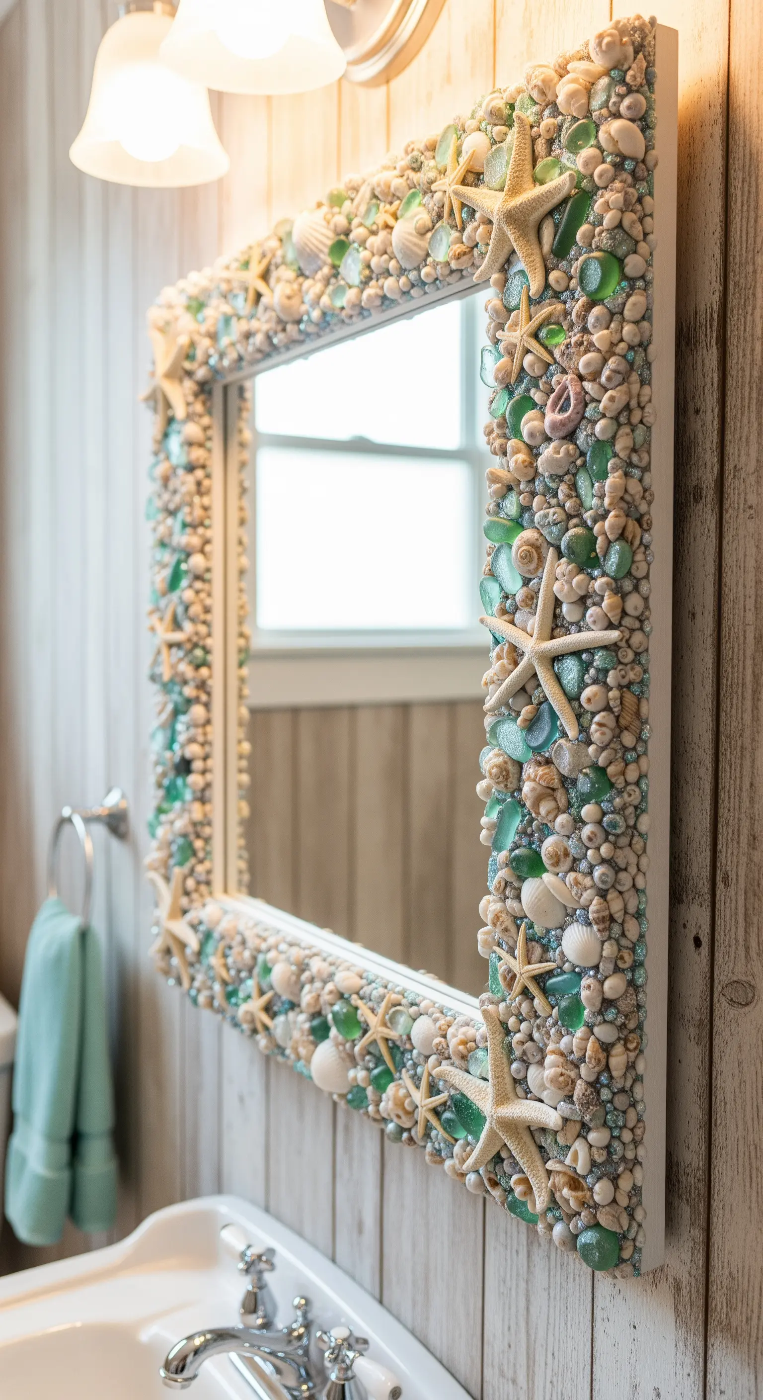 Specchio da bagno con cornice interamente ricoperta di conchiglie, stelle marine e vetri di mare verdi.