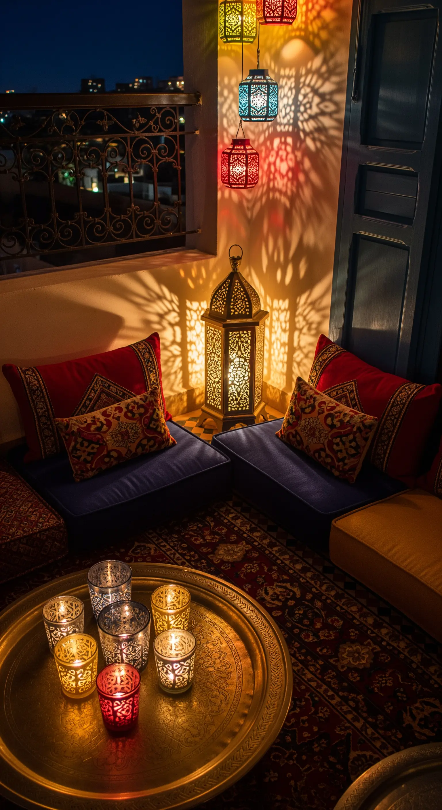 Angolo marocchino con cuscini a terra, lanterne metalliche intagliate e un vassoio con portacandele colorati
