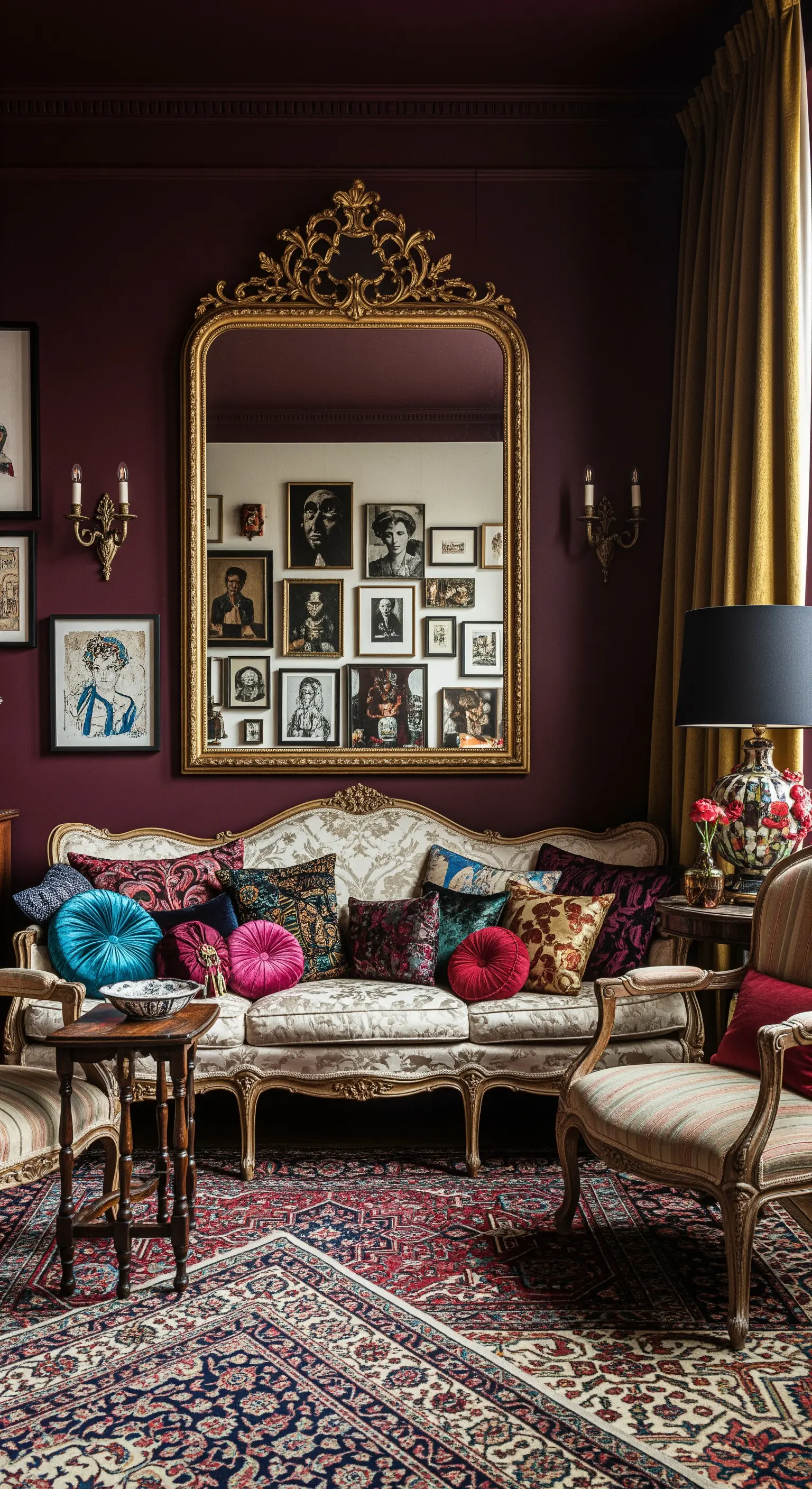 Salotto eclettico con parete borgogna, divano classico e un grande specchio dorato ornato.