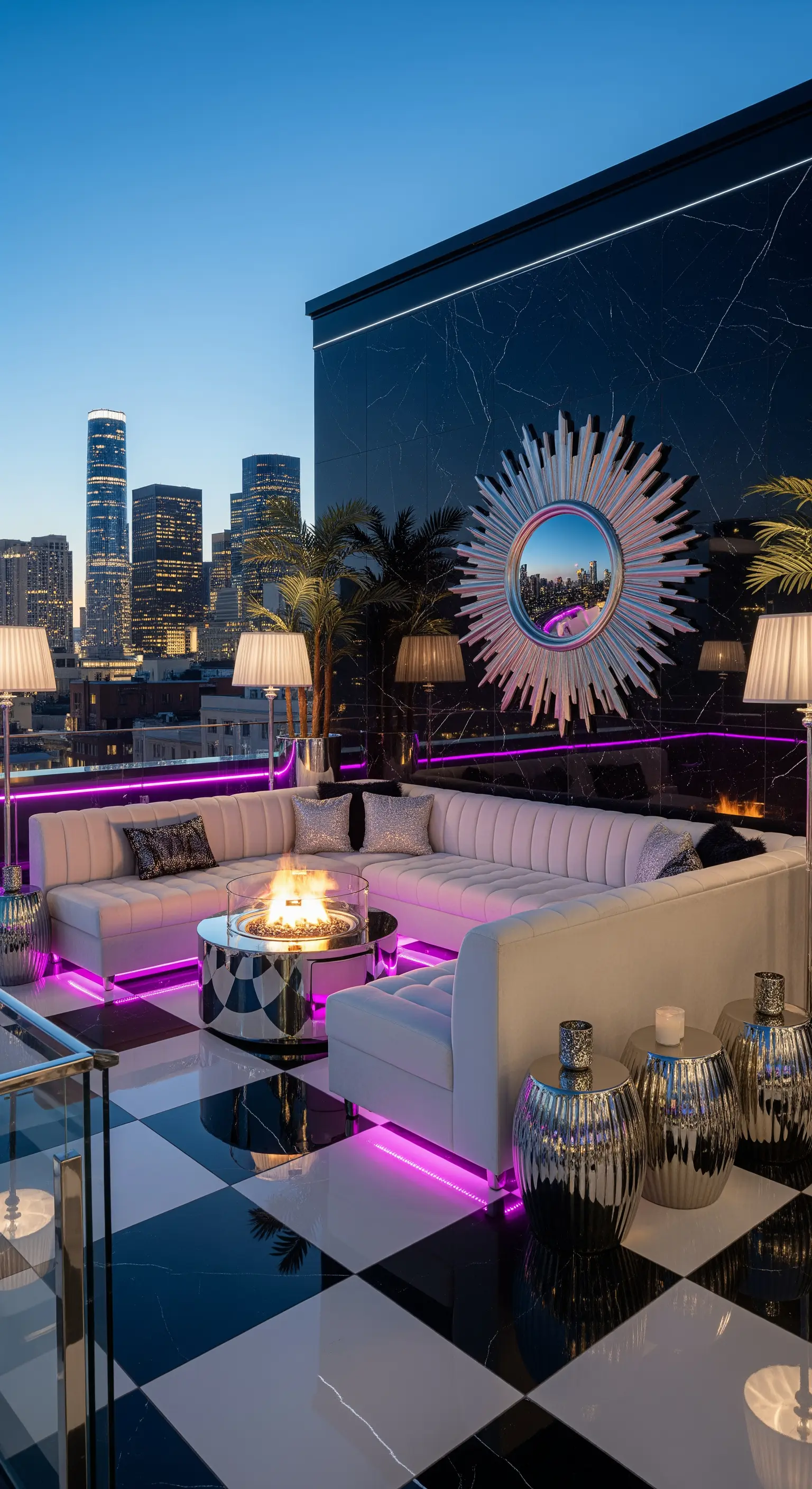 Portico su un rooftop con divano bianco, luci LED viola e un grande specchio a raggiera