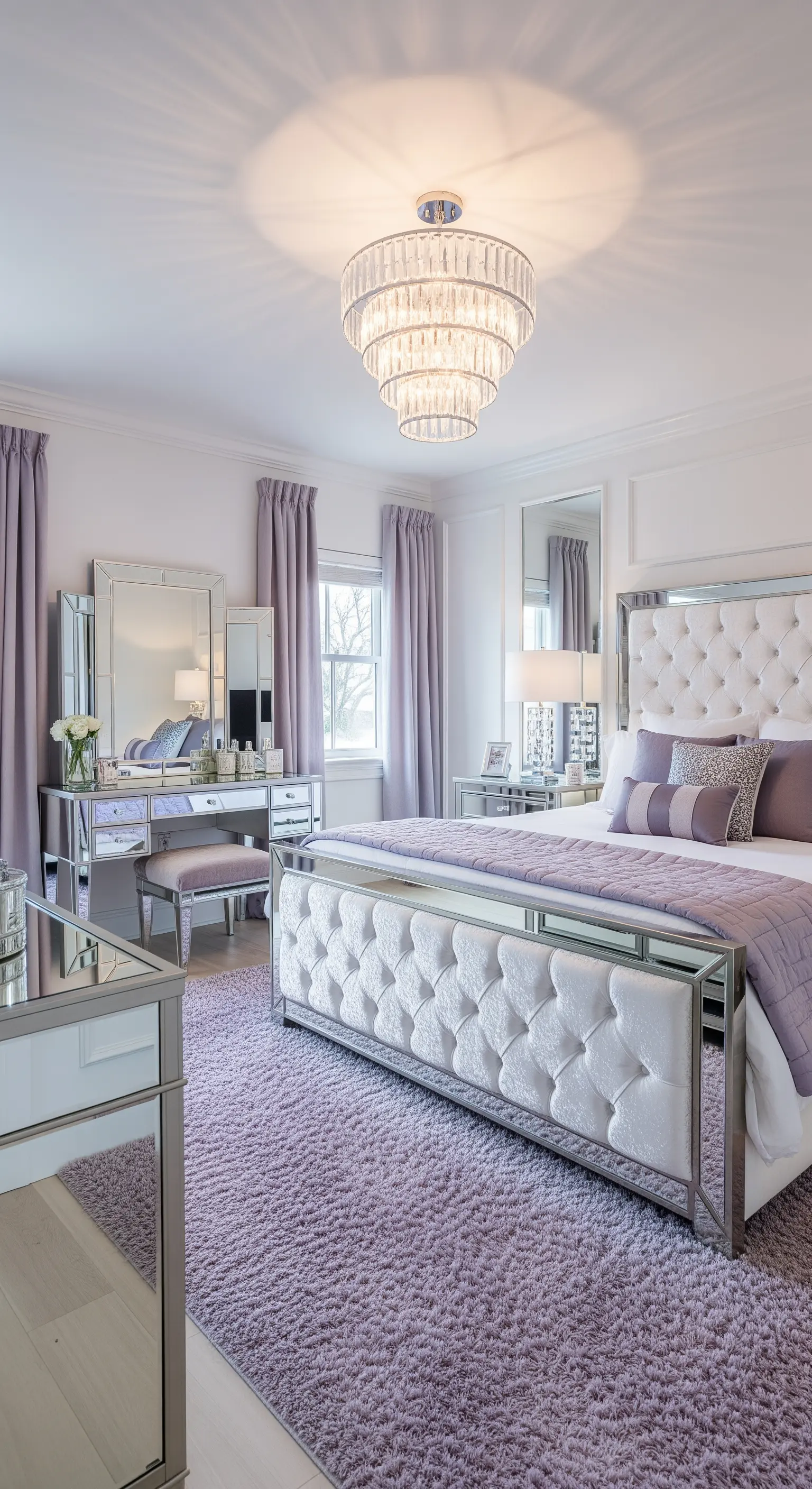 Camera da letto color lavanda con letto imbottito bianco e mobili a specchio.