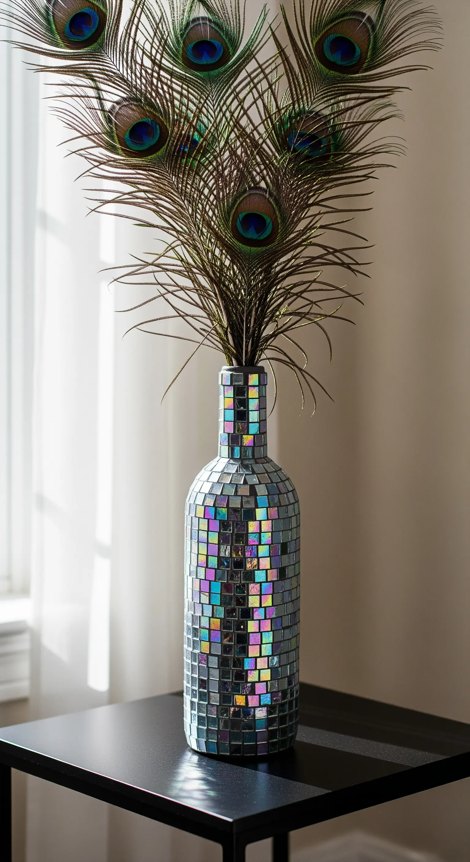 Bottiglia di vino ricoperta da un mosaico di piccole piastrelle a specchio iridescenti.