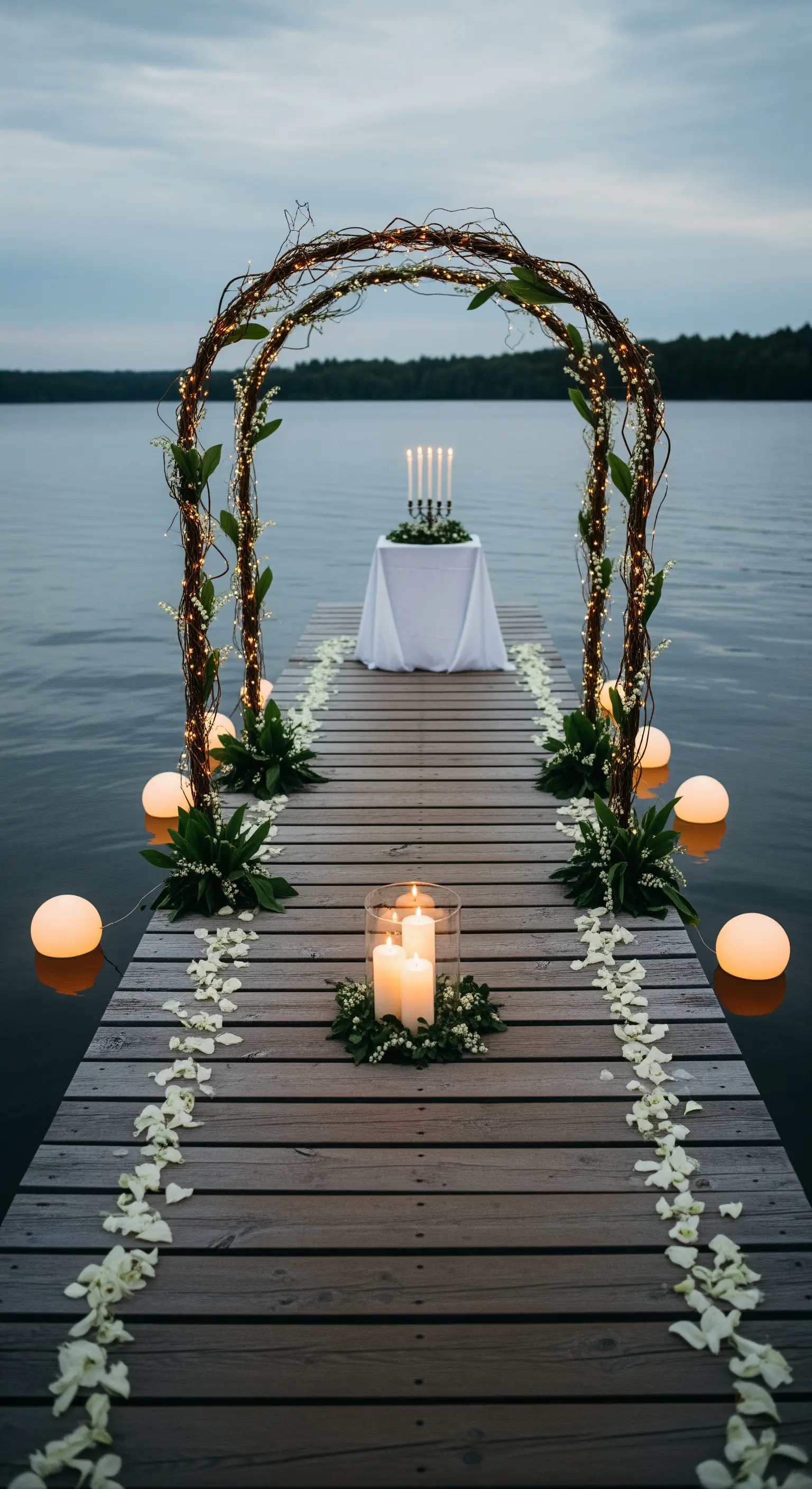 Cena romantica su un pontile con un arco di rami, candele e lanterne galleggianti.