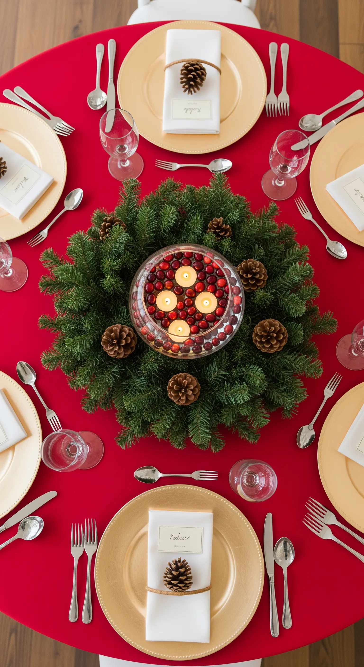 Centrotavola a corona con candele galleggianti in una ciotola di mirtilli rossi.