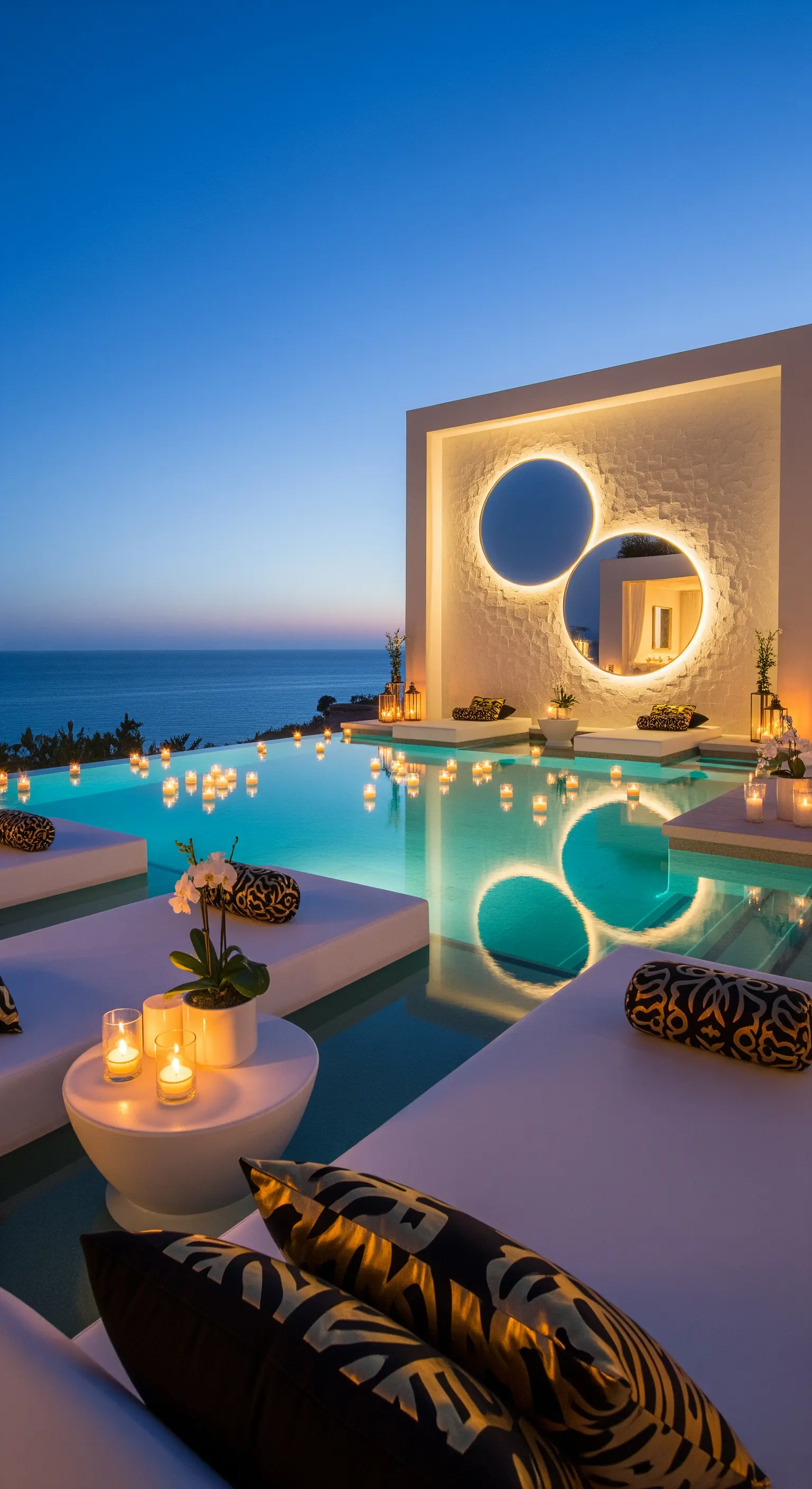 Piscina a sfioro di notte con candele galleggianti e specchi rotondi retroilluminati.