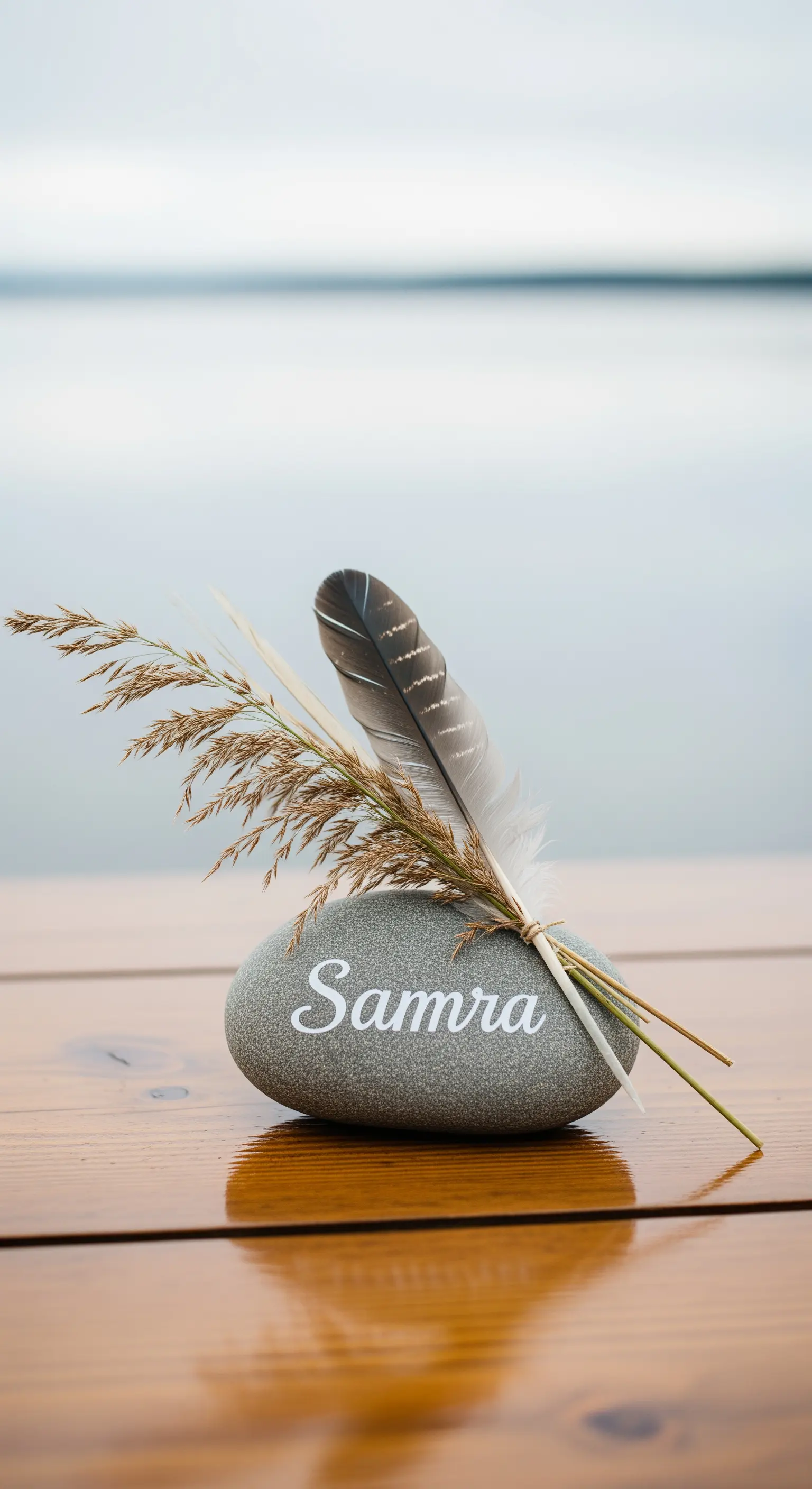 Segnaposto con ciottolo di fiume, piuma e graminacee selvatiche essiccate.