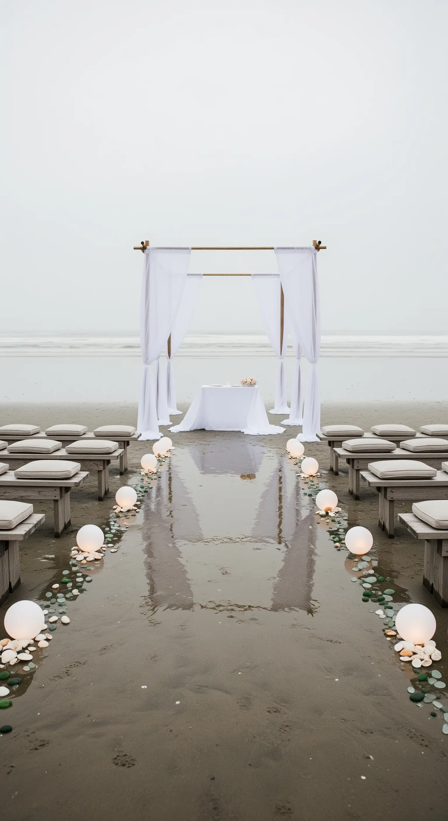 Cerimonia sulla spiaggia in un giorno nuvoloso, con sfere luminose che si riflettono sulla sabbia bagnata.