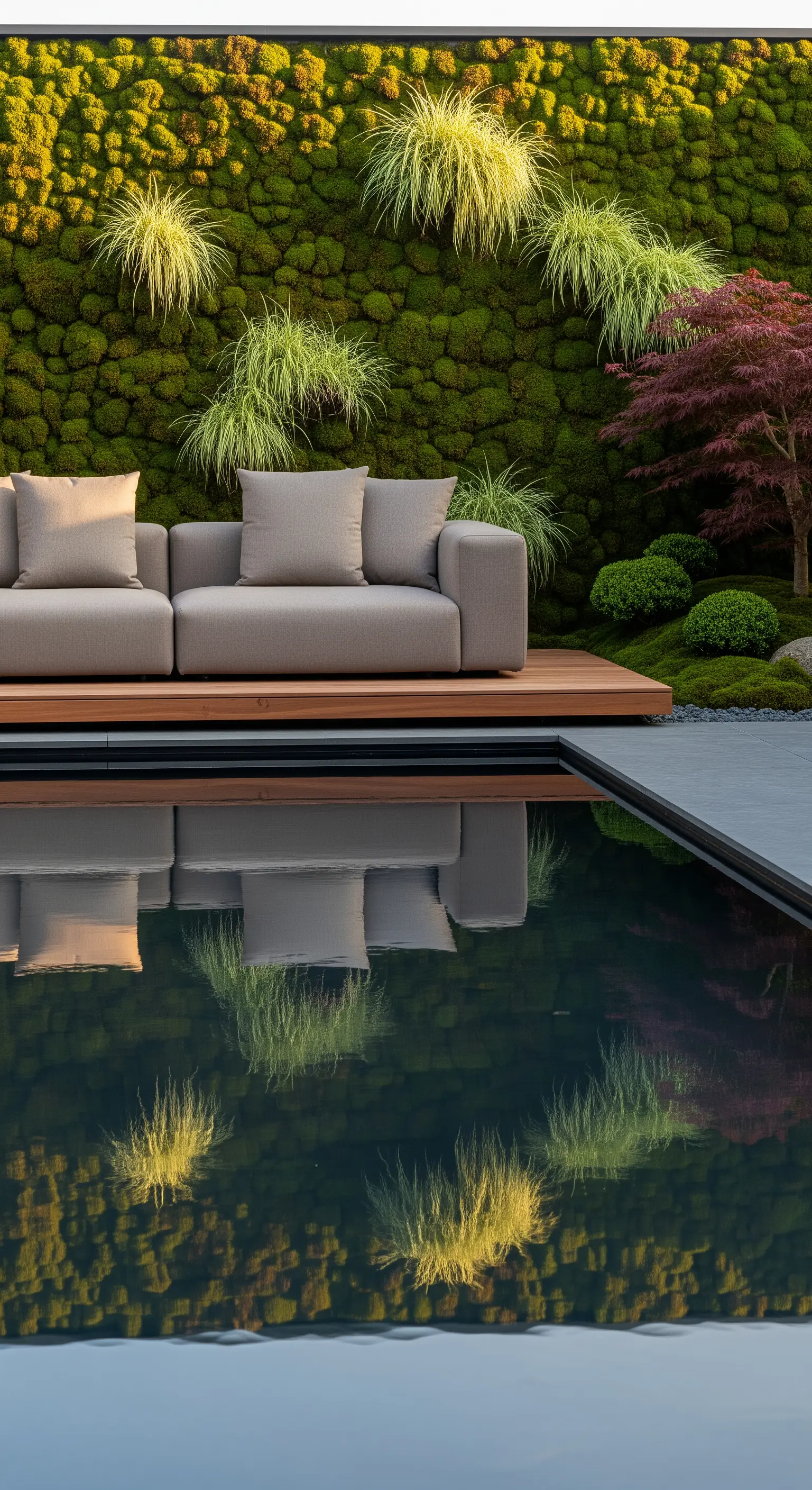 Divano minimalista su pedana in legno si riflette in una piscina scura con parete di muschio.