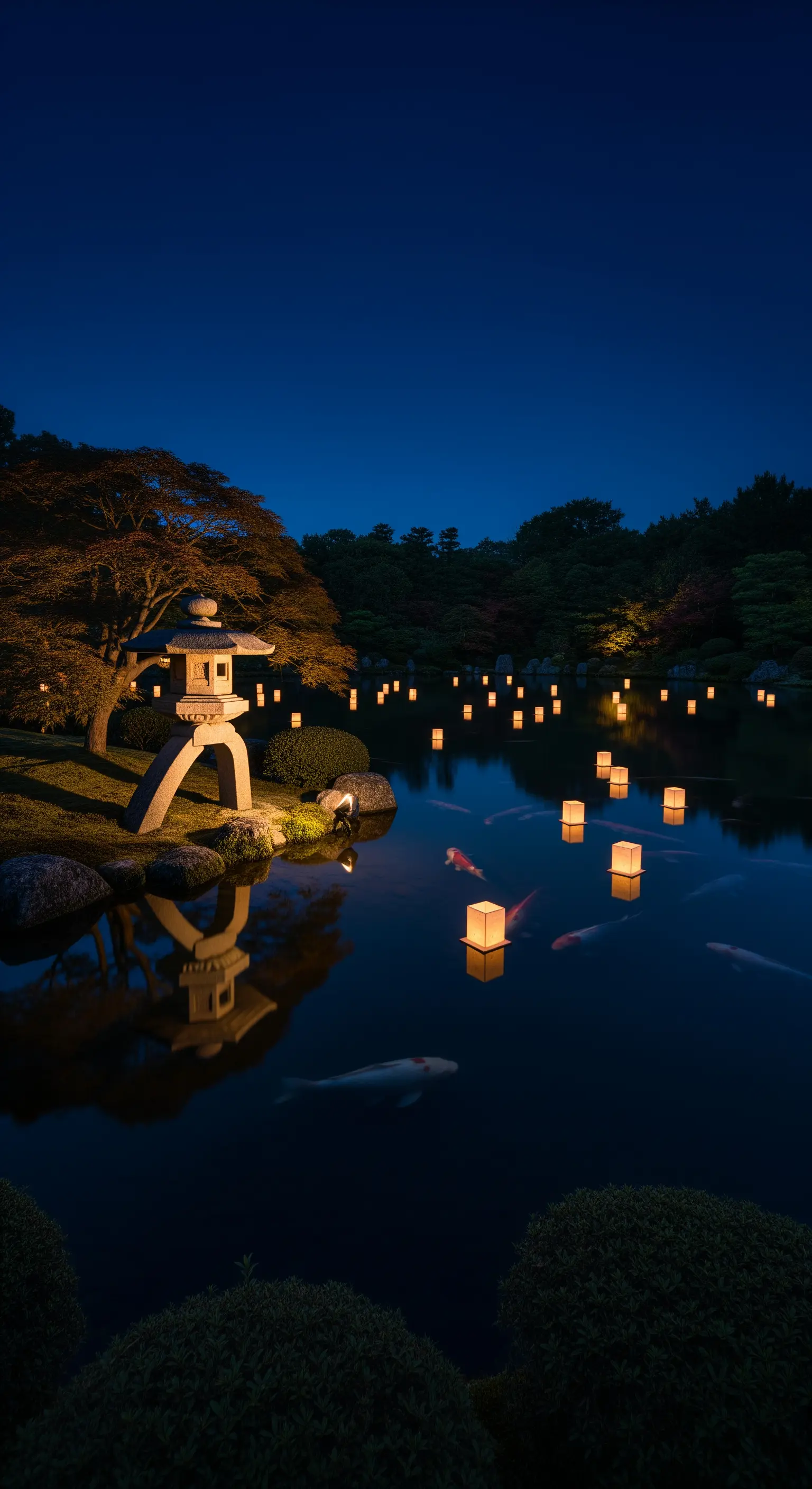 Lanterne galleggianti su un laghetto zen di notte, con una lanterna di pietra illuminata.