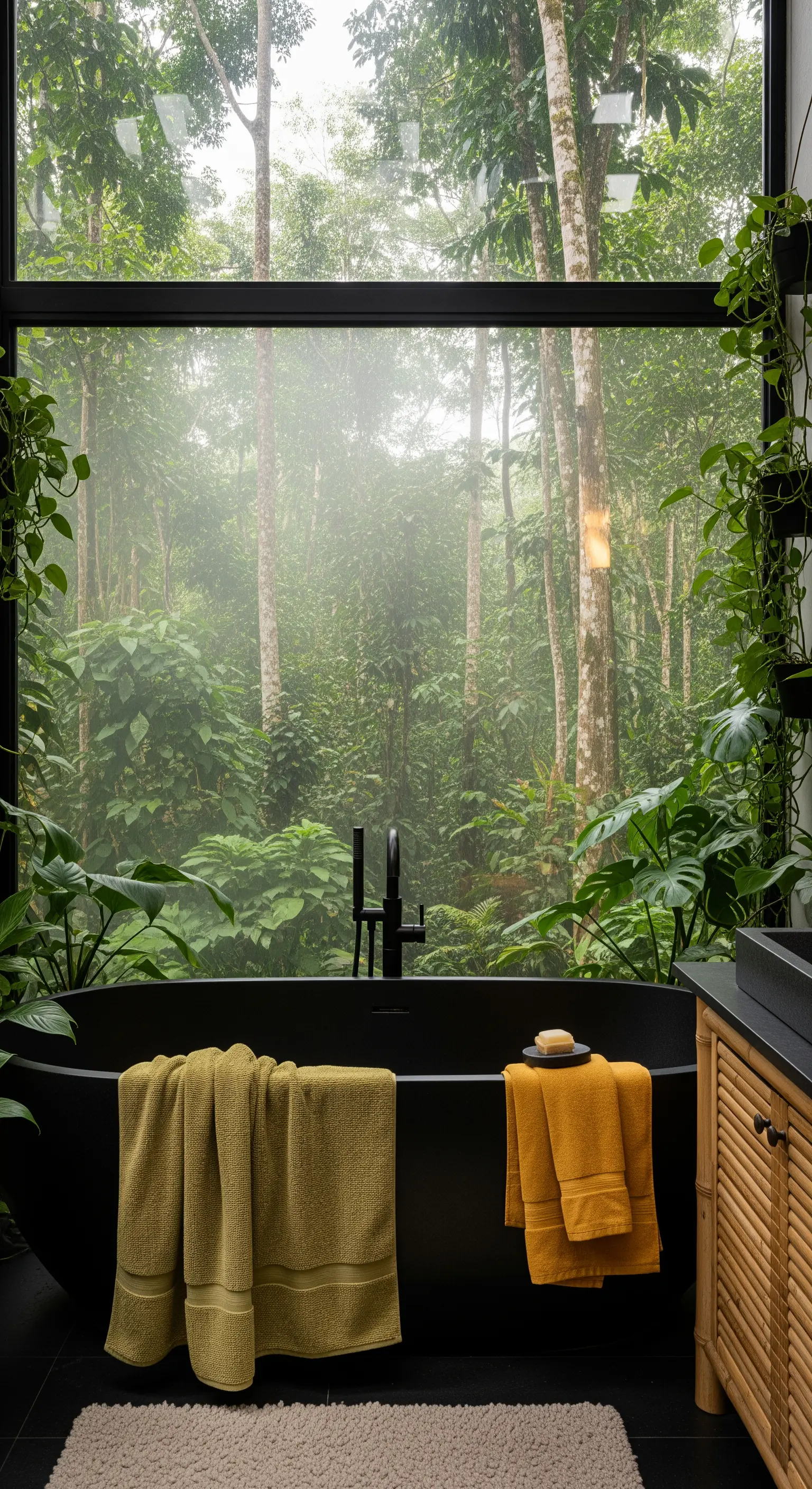 Vasca da bagno nera di fronte a una grande finestra con vista su una foresta lussureggiante.
