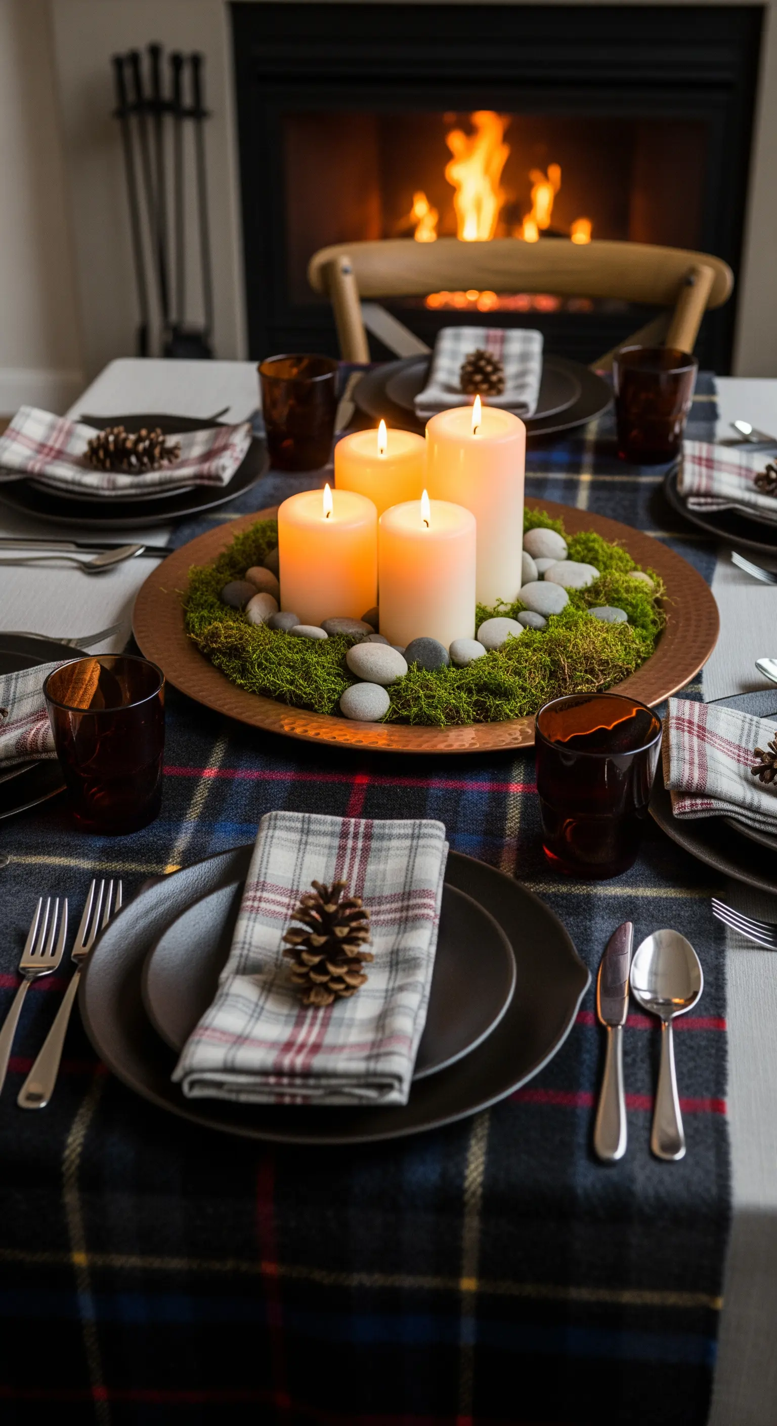Tavola con tovaglia tartan, centrotavola di muschio e candele davanti a un camino acceso.