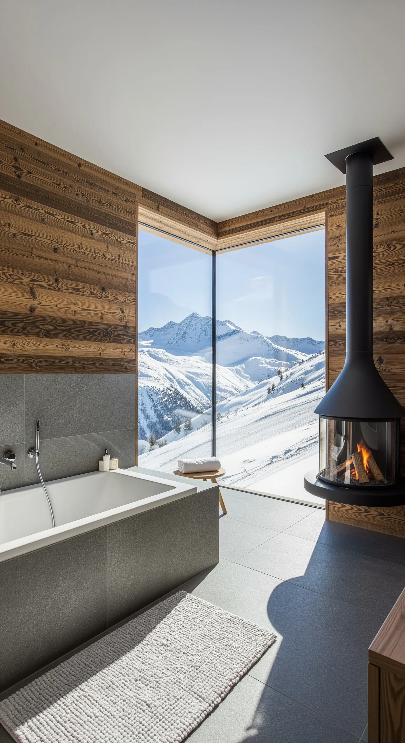 Bagno moderno in stile chalet con pareti in legno, camino sospeso e vista su montagne innevate.