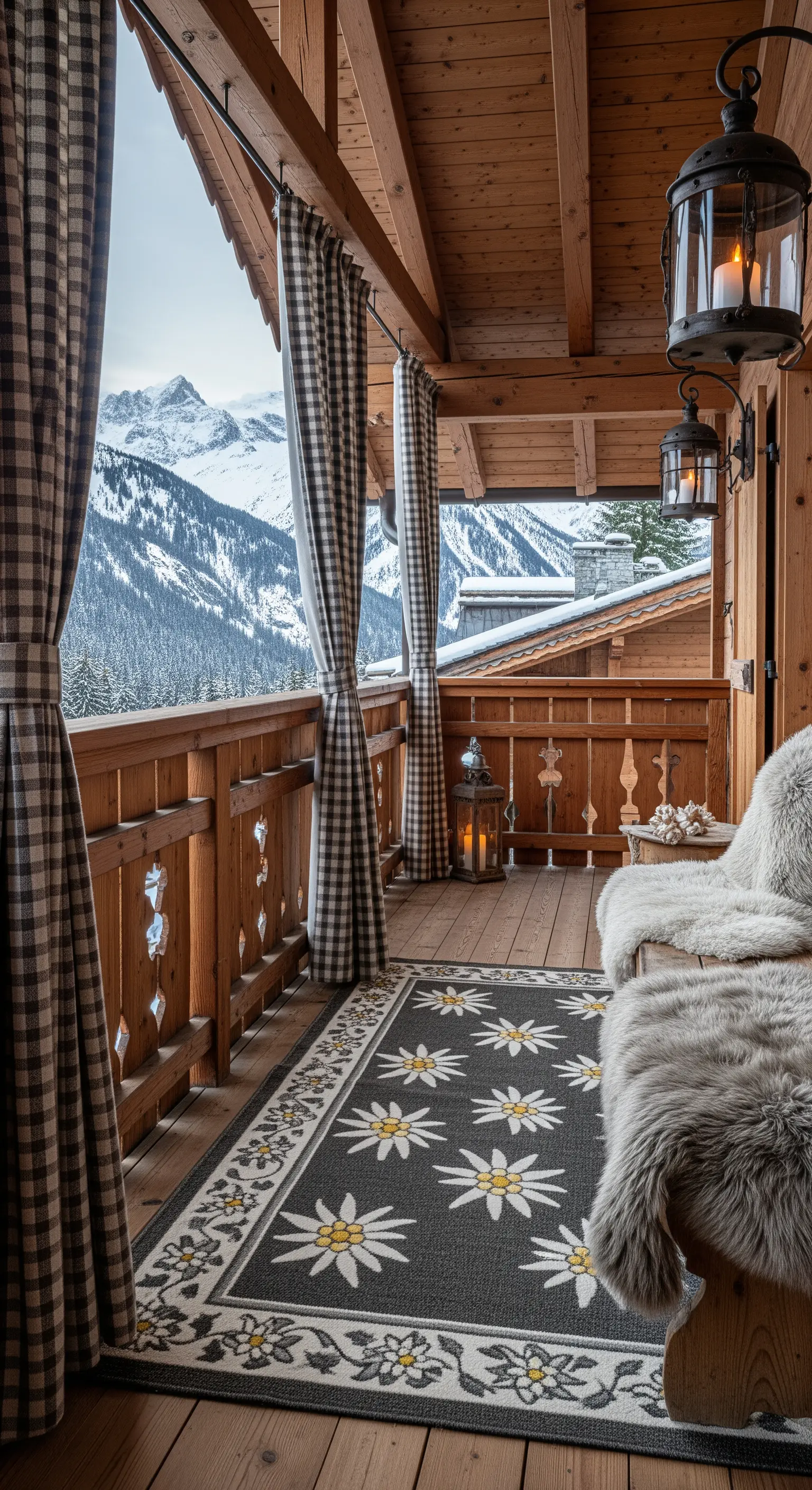 Balcone in legno di montagna con tende a quadri, pellicce sintetiche e lanterne.