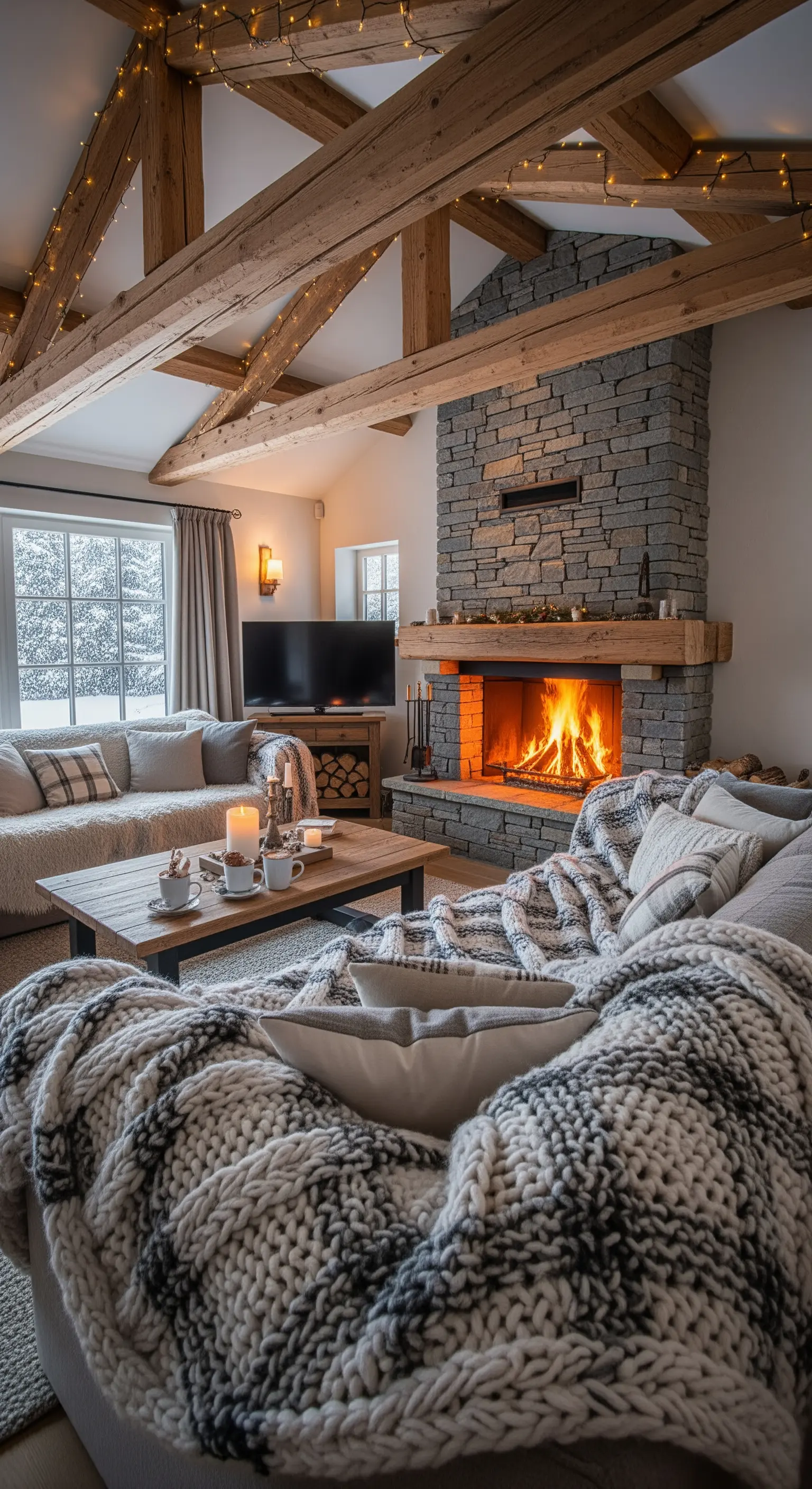 Soggiorno di uno chalet con divani ricoperti di plaid in maglia grossa e camino acceso