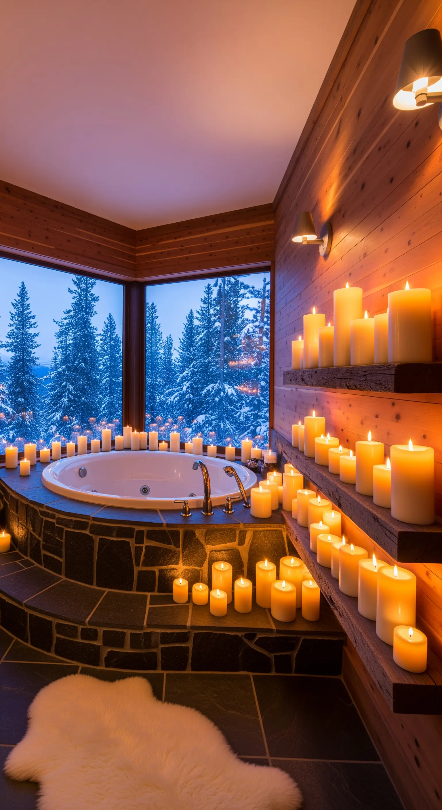 Vasca idromassaggio in pietra e legno, circondata da candele, con vista sulla neve.