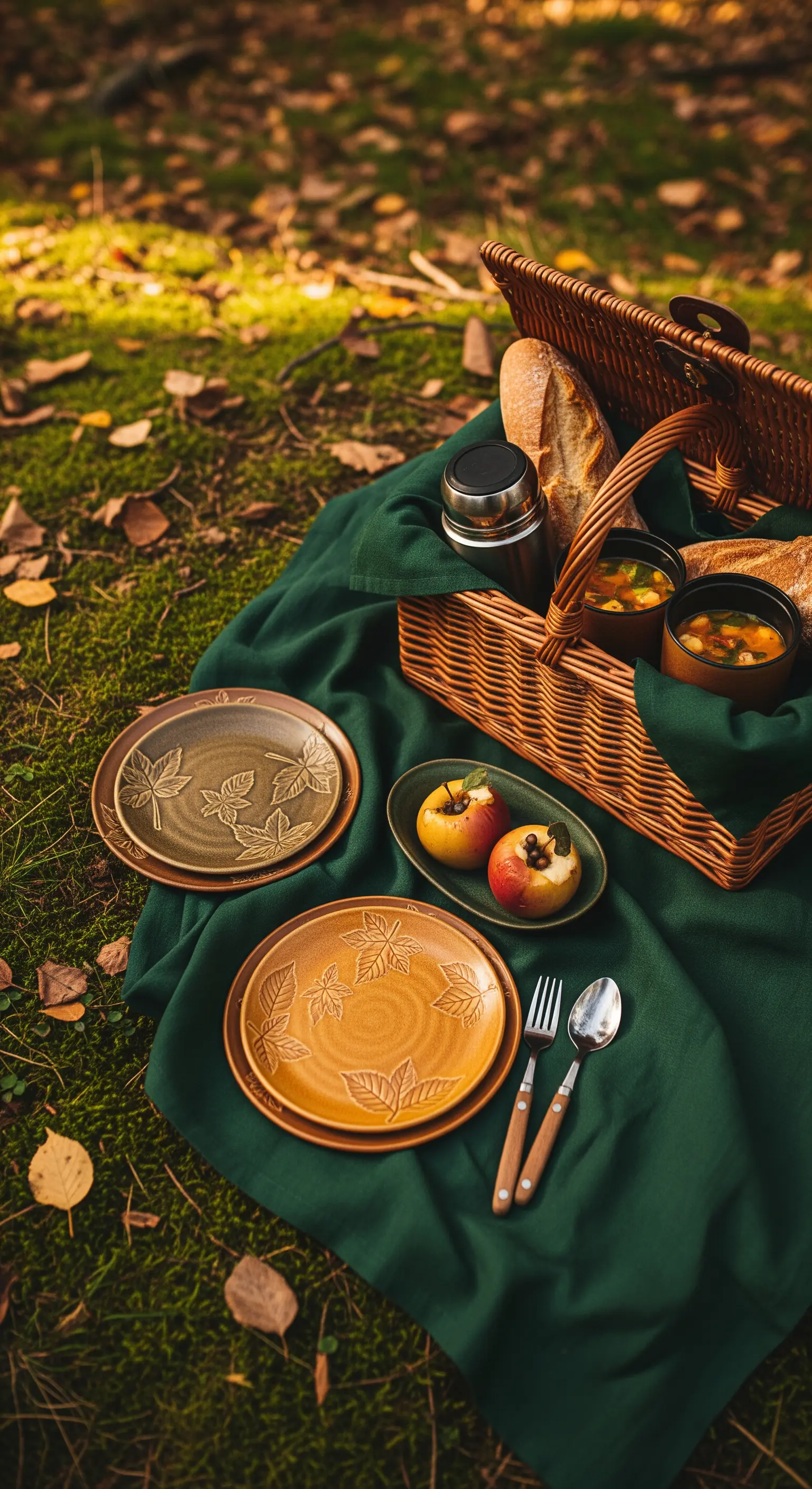 Picnic autunnale nel bosco con coperta verde scuro, piatti color ocra e zuppa calda.