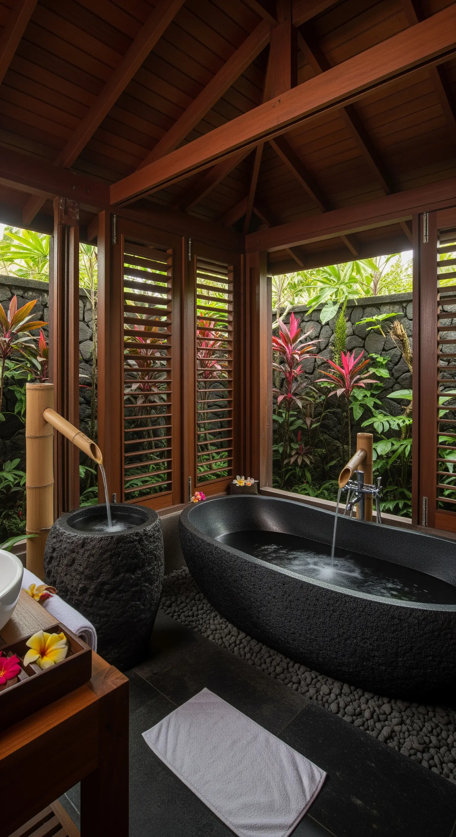 Bagno in stile balinese con vasca in pietra lavica e vegetazione lussureggiante all'esterno.
