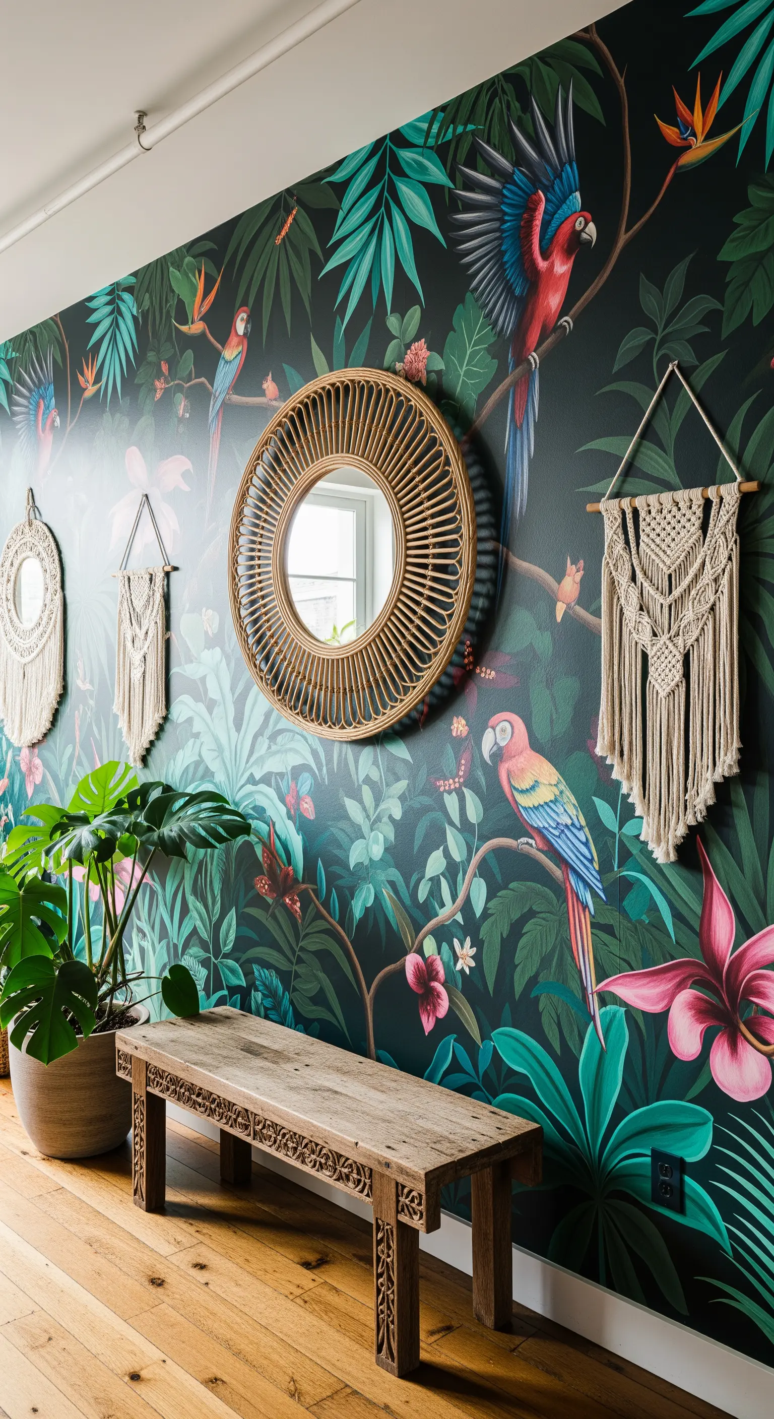 Ingresso con carta da parati tropicale, specchio in rattan, panca in legno e decori in macramè.