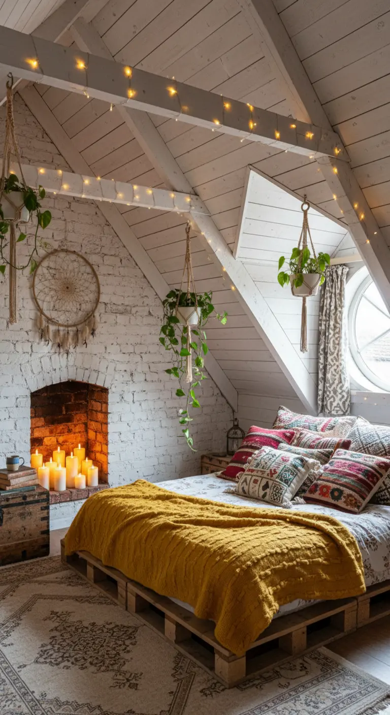 Camera da letto bohémien in mansarda con letto su pallet, candele nel camino e lucine.