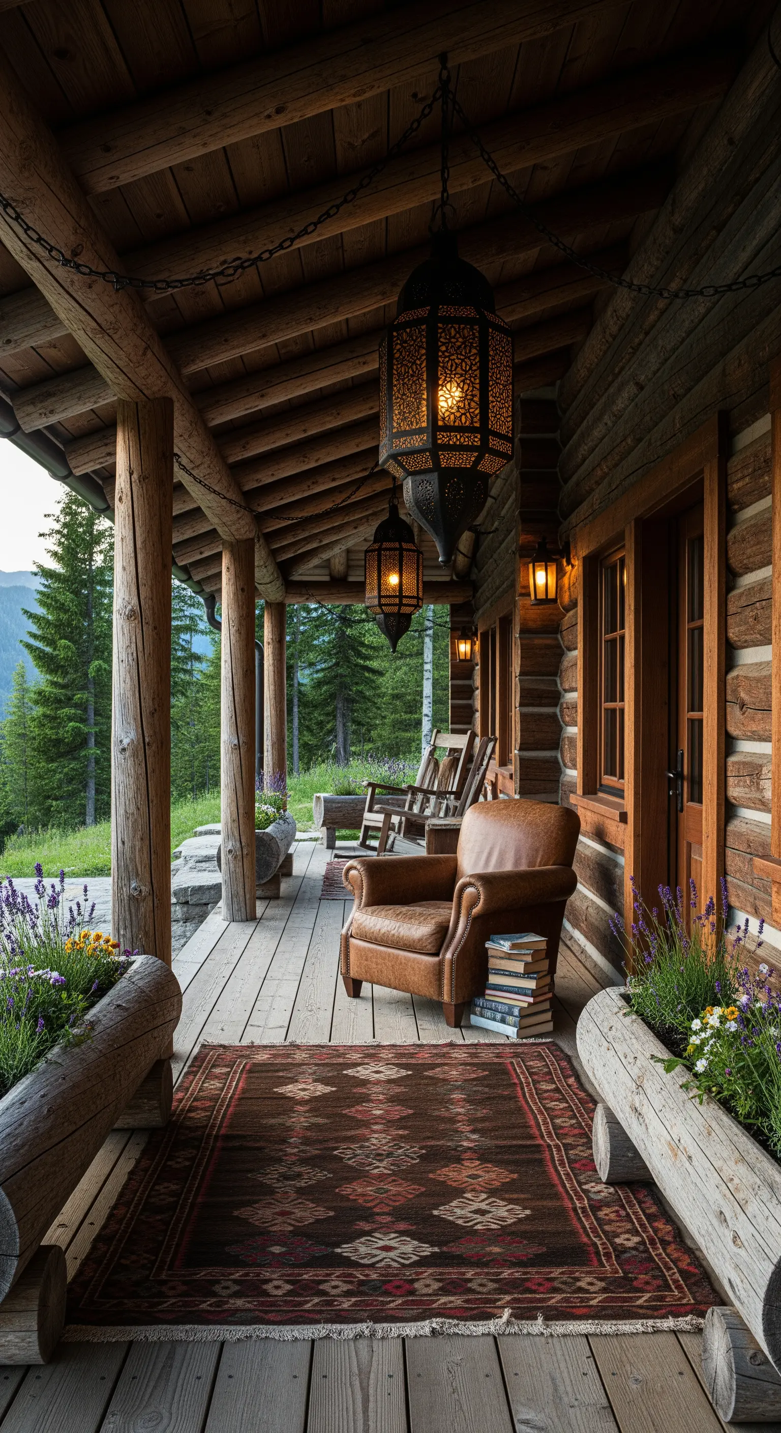 Portico di una baita in legno con poltrona in pelle, tappeto kilim e grandi lanterne.