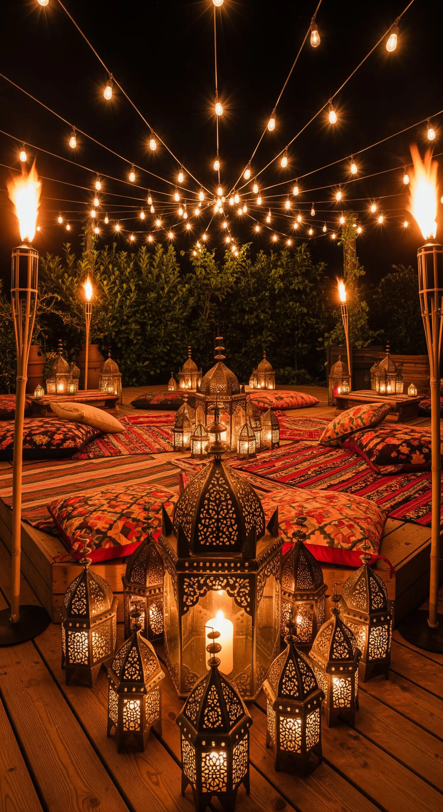 Allestimento bohémien su pedana in legno con lanterne, cuscini colorati e torce tiki.