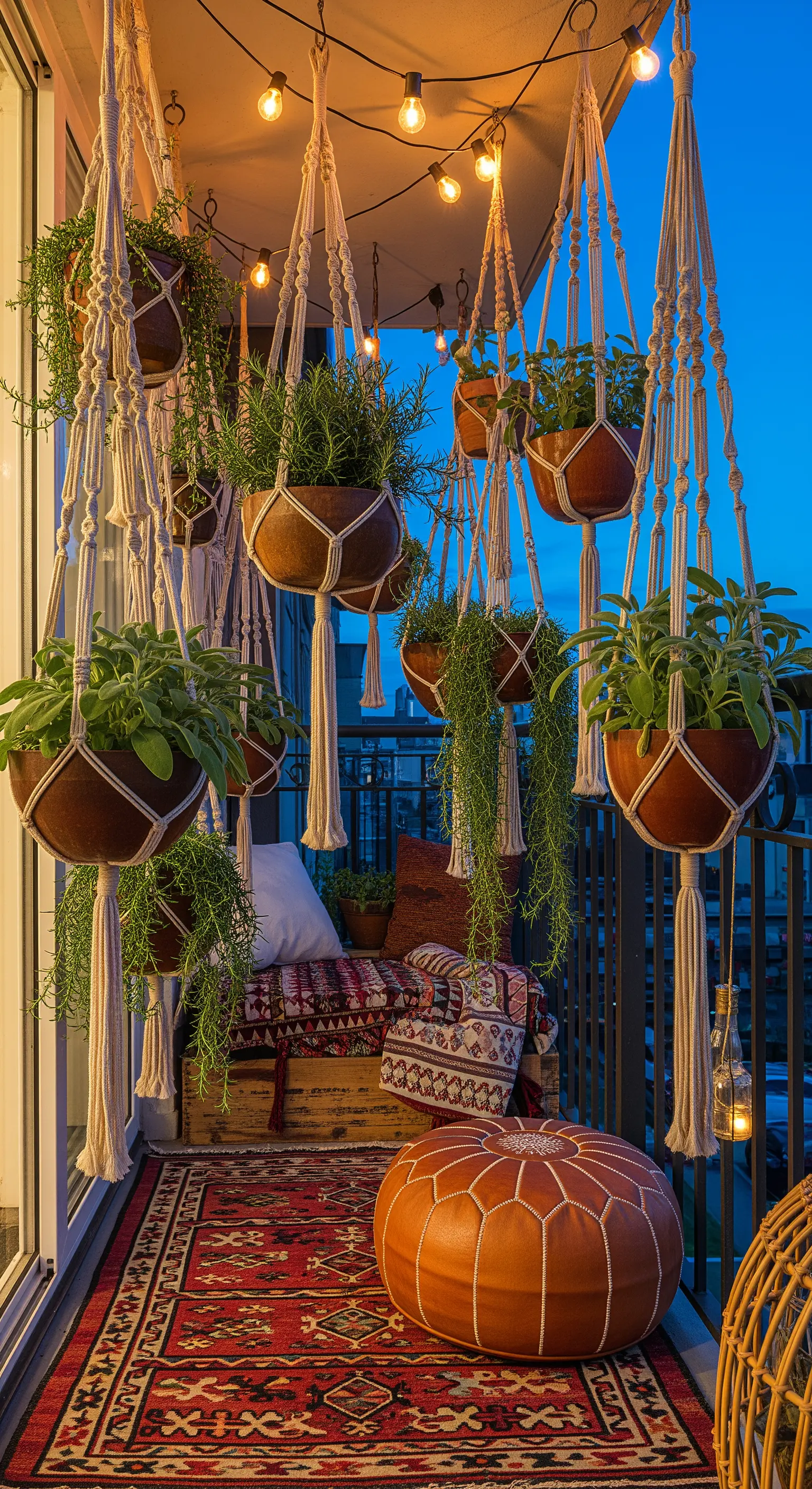 Balcone bohemien di sera con piante sospese in vasi di macramè e luci a filo.
