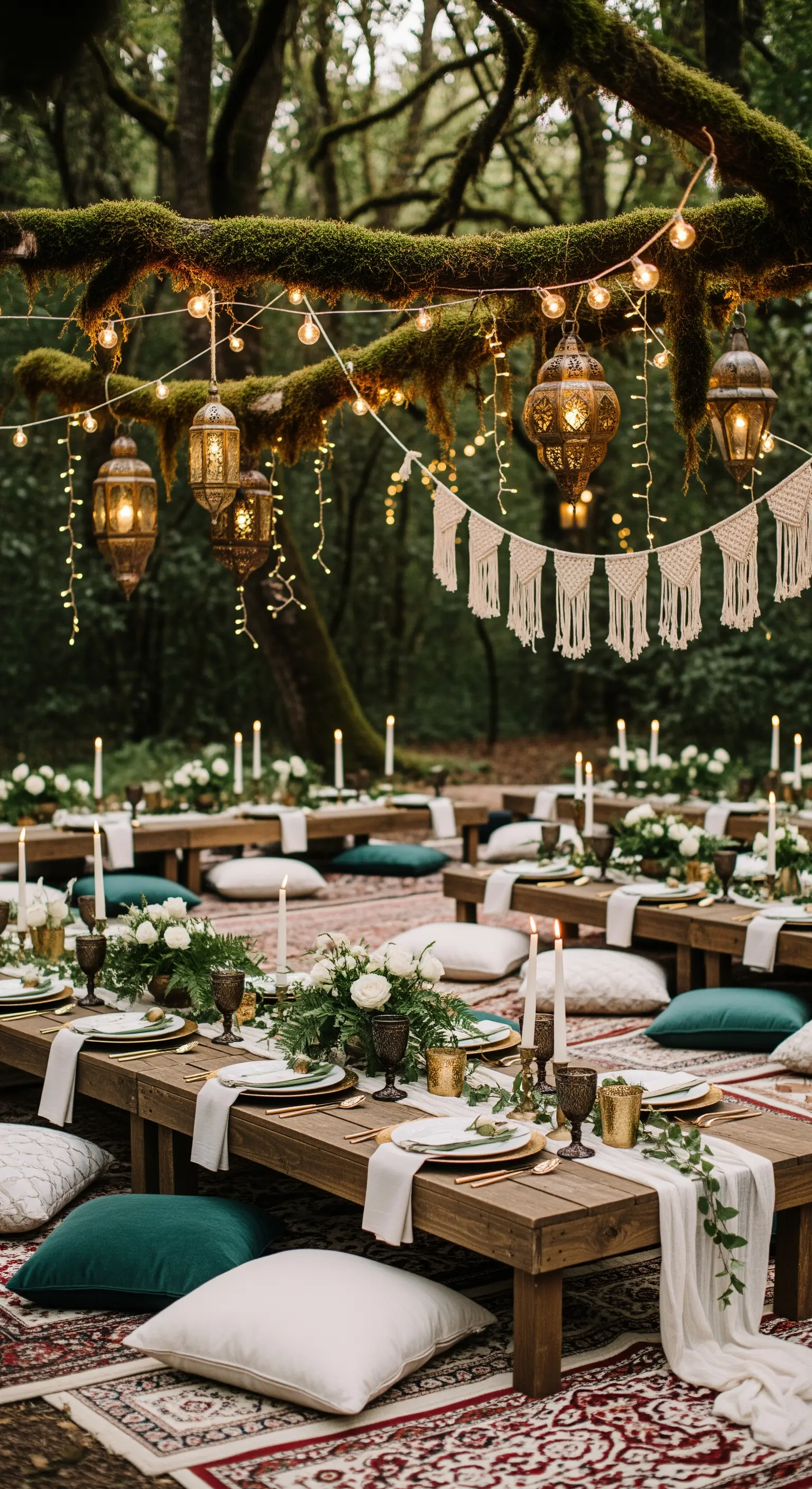 Tavoli bassi con cuscini e tappeti persiani in una foresta illuminata da lanterne.