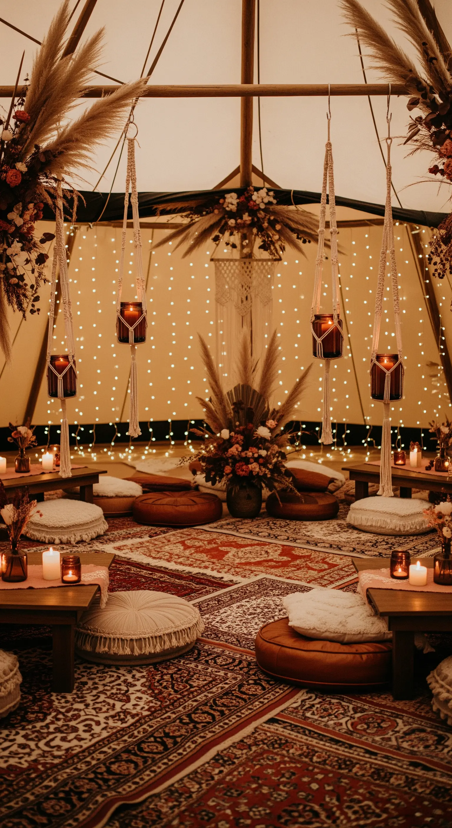 Interno di una tenda teepee con cuscini, tappeti e candele sospese in macramè.