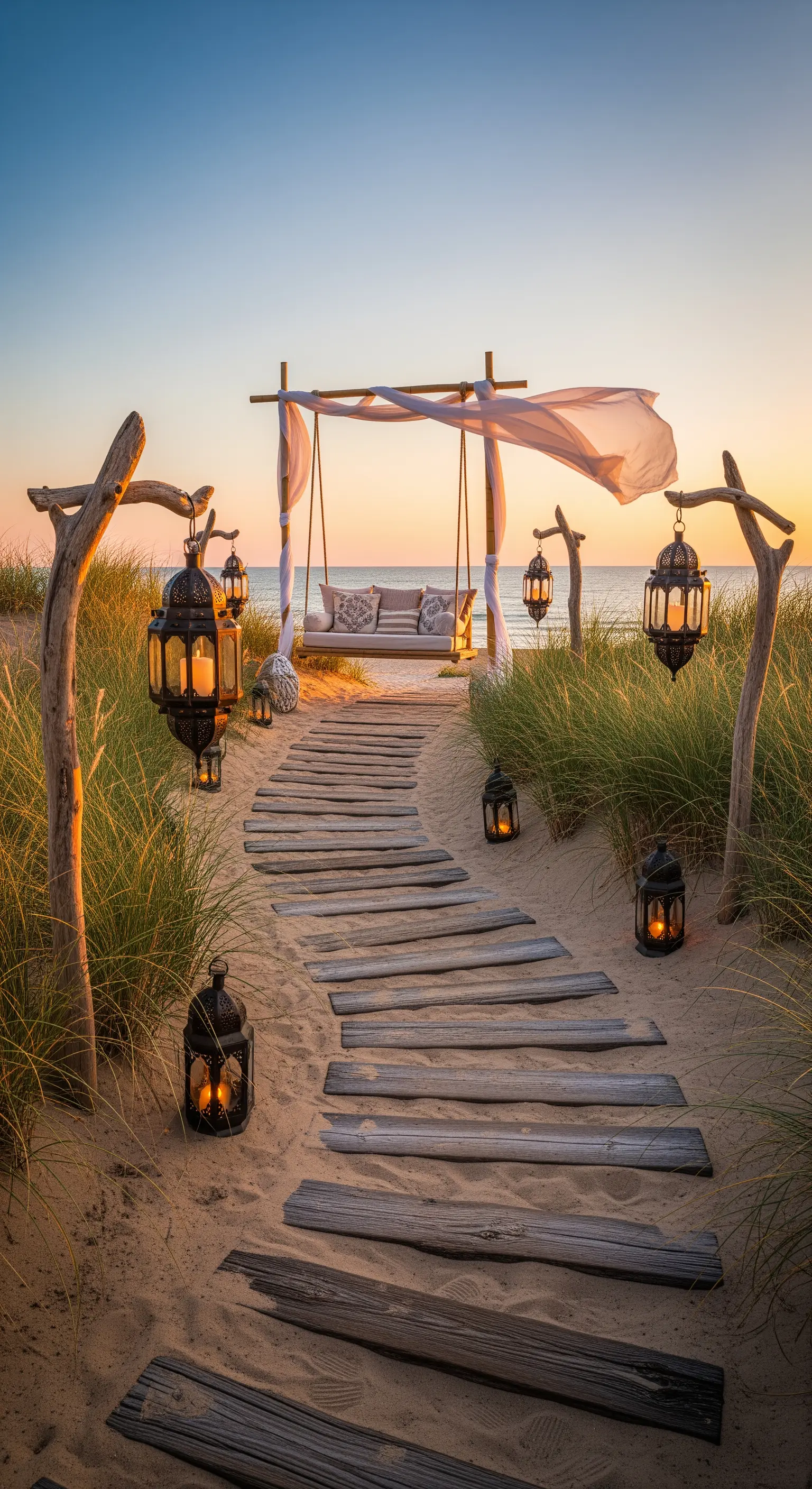 Passerella in legno sulla sabbia che porta a un dondolo, illuminata da lanterne etniche.